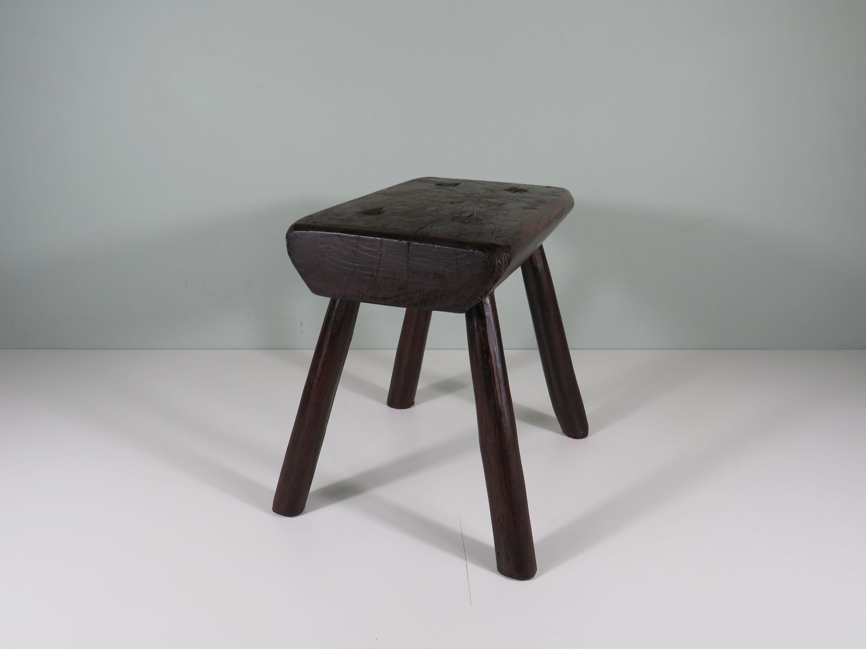 Handmade brutalist low oak stool, mid 20th century