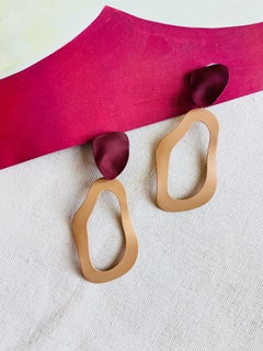 Handmade Burgundy Red Petal Yellow Horseshoe Matte Long Drop Pierced Earrings