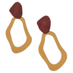 Handmade Burgundy Red Petal Yellow Horseshoe Matte Long Drop Pierced Earrings