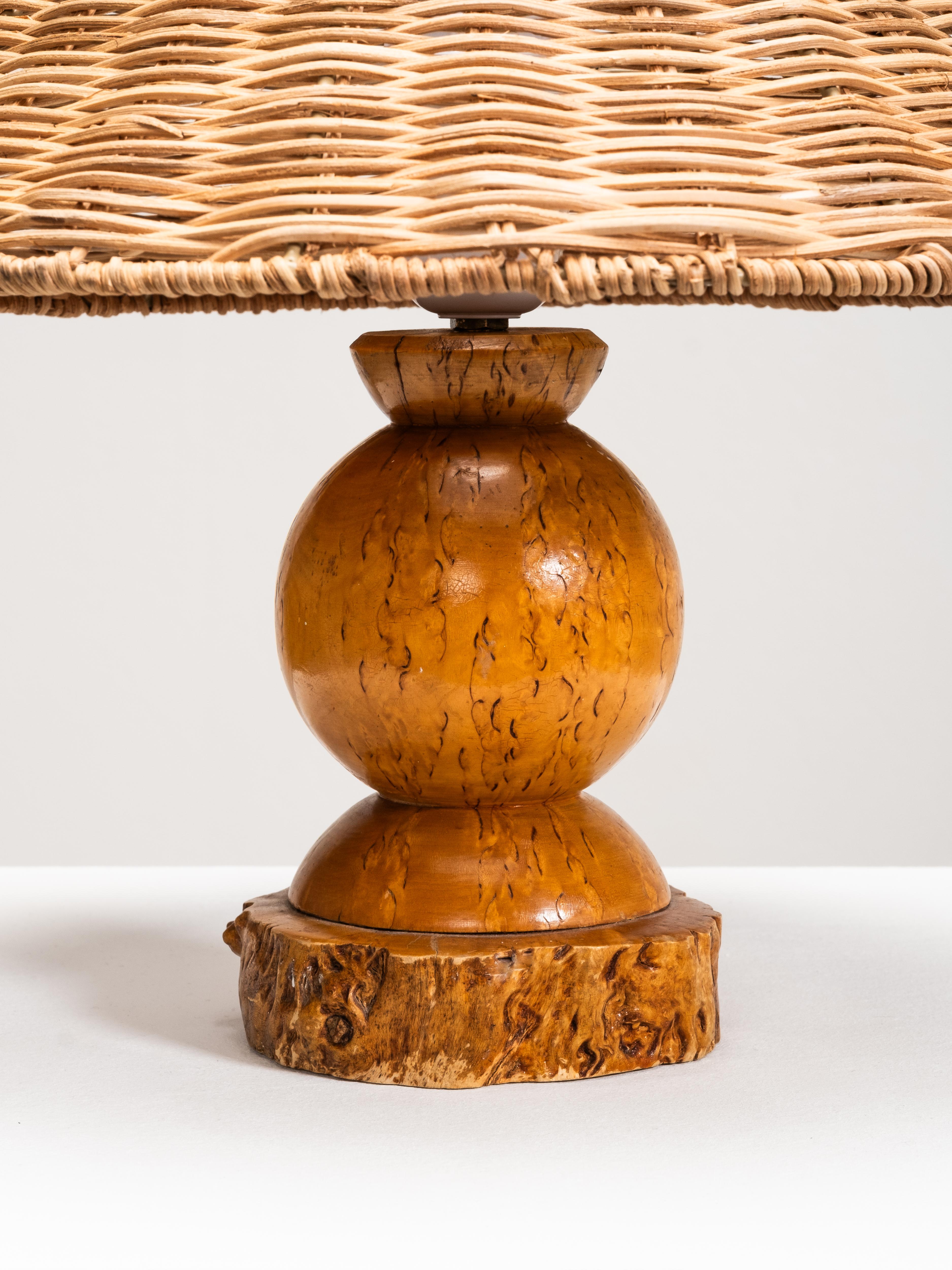 Folk Art Handmade Burl Wood Table Lamp with Wicker Shade, Finland, 1940s For Sale