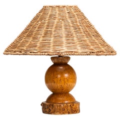 Handmade Burl Wood Table Lamp with Wicker Shade, Finland, 1940s