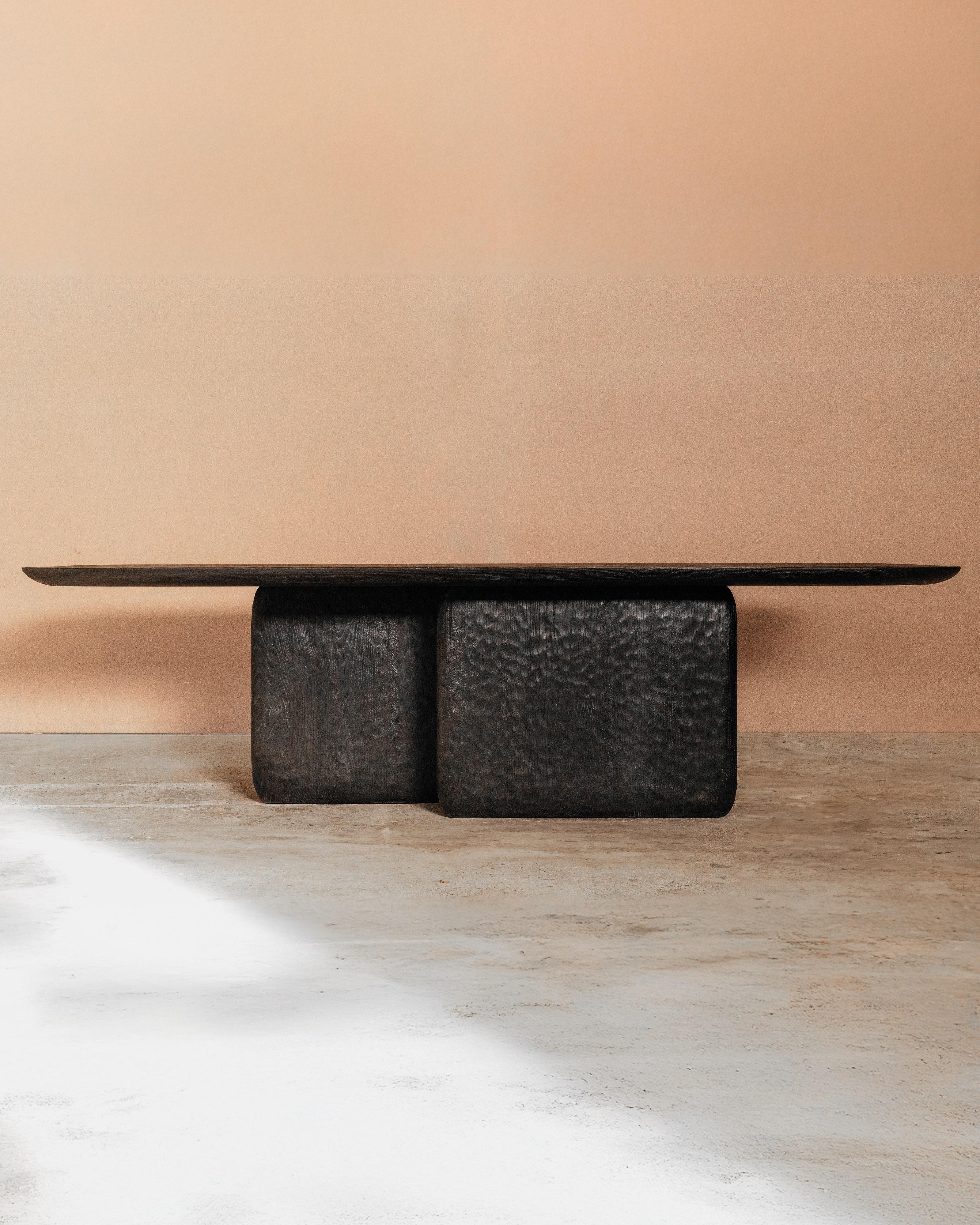 Handmade Burnt European Oak Contemporary Darling Dining Table by Dennis Kaiser
Dimensions: D 110 x W 270 x H 75 cm.
Materials: European oak.

Handcrafted in Tuscany, Italy. Customization is available on request. Please contact us. 

At 250 kilograms