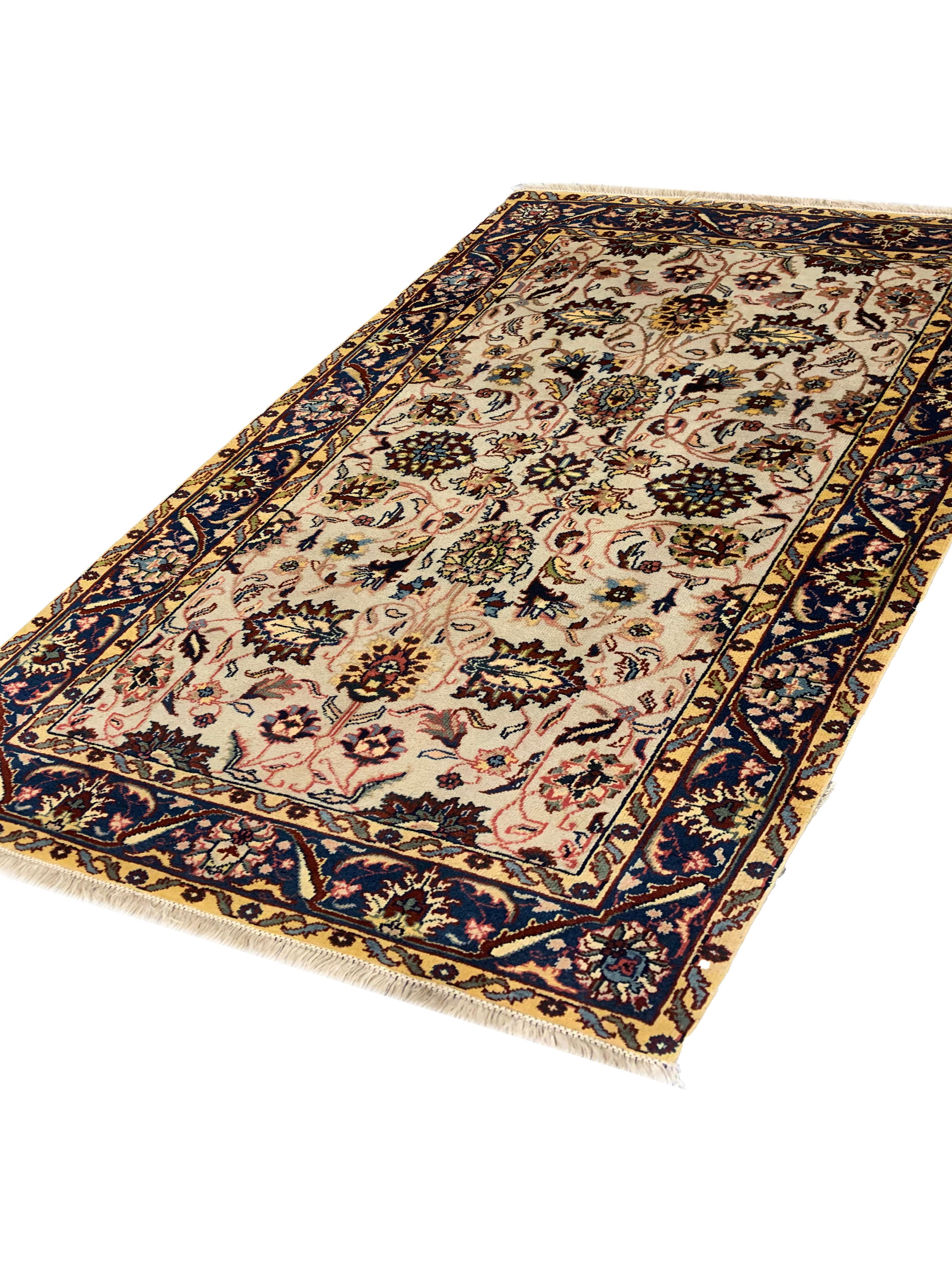 Mid-Century Modern Handmade Carpet Agra Indian Rug Traditional Cream Wool Floral Rug For Sale