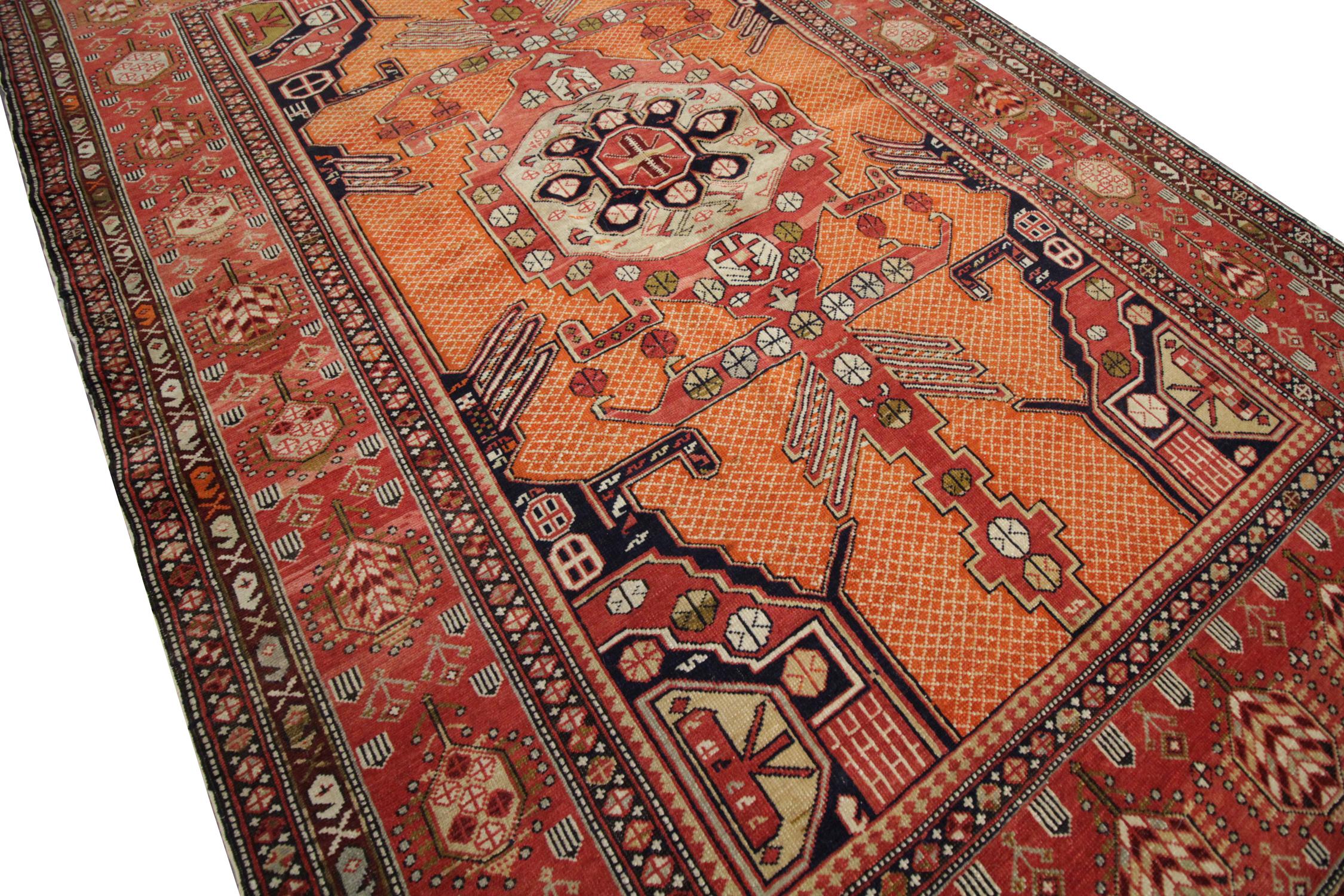 Handgefertigter Teppich Antiker Teppich Kaukasischer Wohnzimmerteppich:: Orange und Roter Stammesteppich (Viktorianisch) im Angebot