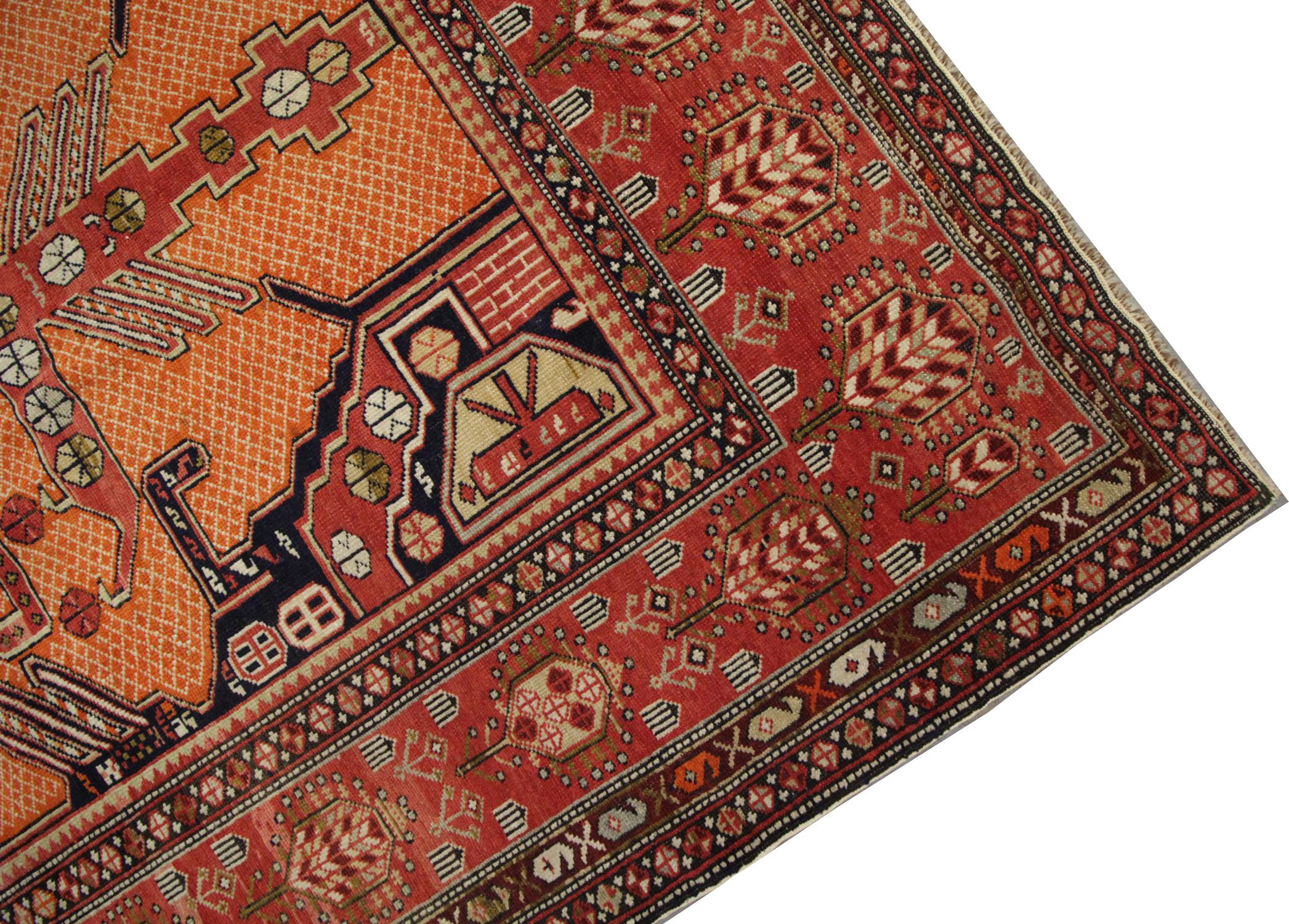 Handgefertigter Teppich Antiker Teppich Kaukasischer Wohnzimmerteppich:: Orange und Roter Stammesteppich im Zustand „Hervorragend“ im Angebot in Hampshire, GB