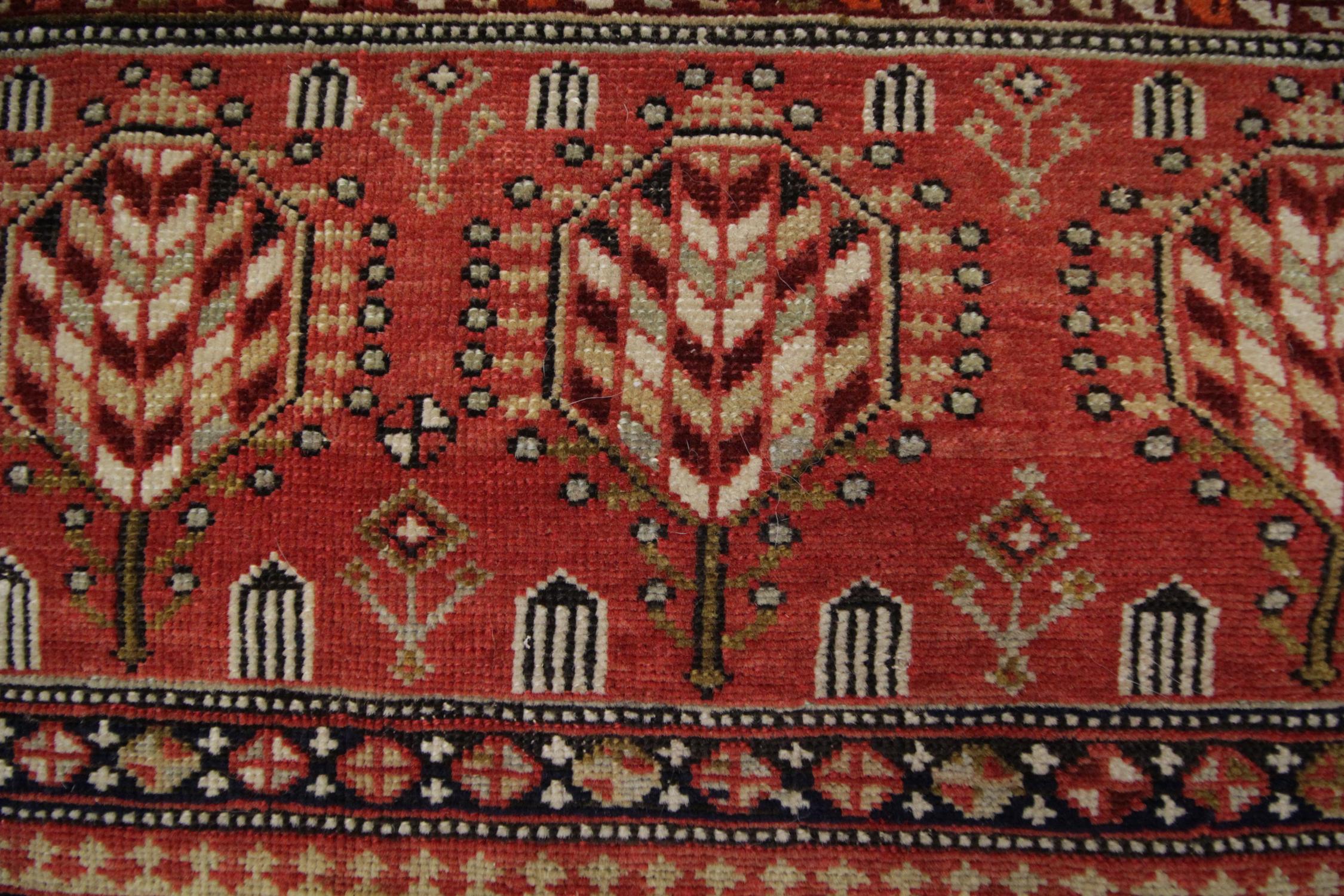 Wool Handmade Carpet Antique Rug Caucasian Living Room Rug, Orange and Red Tribal Rug For Sale