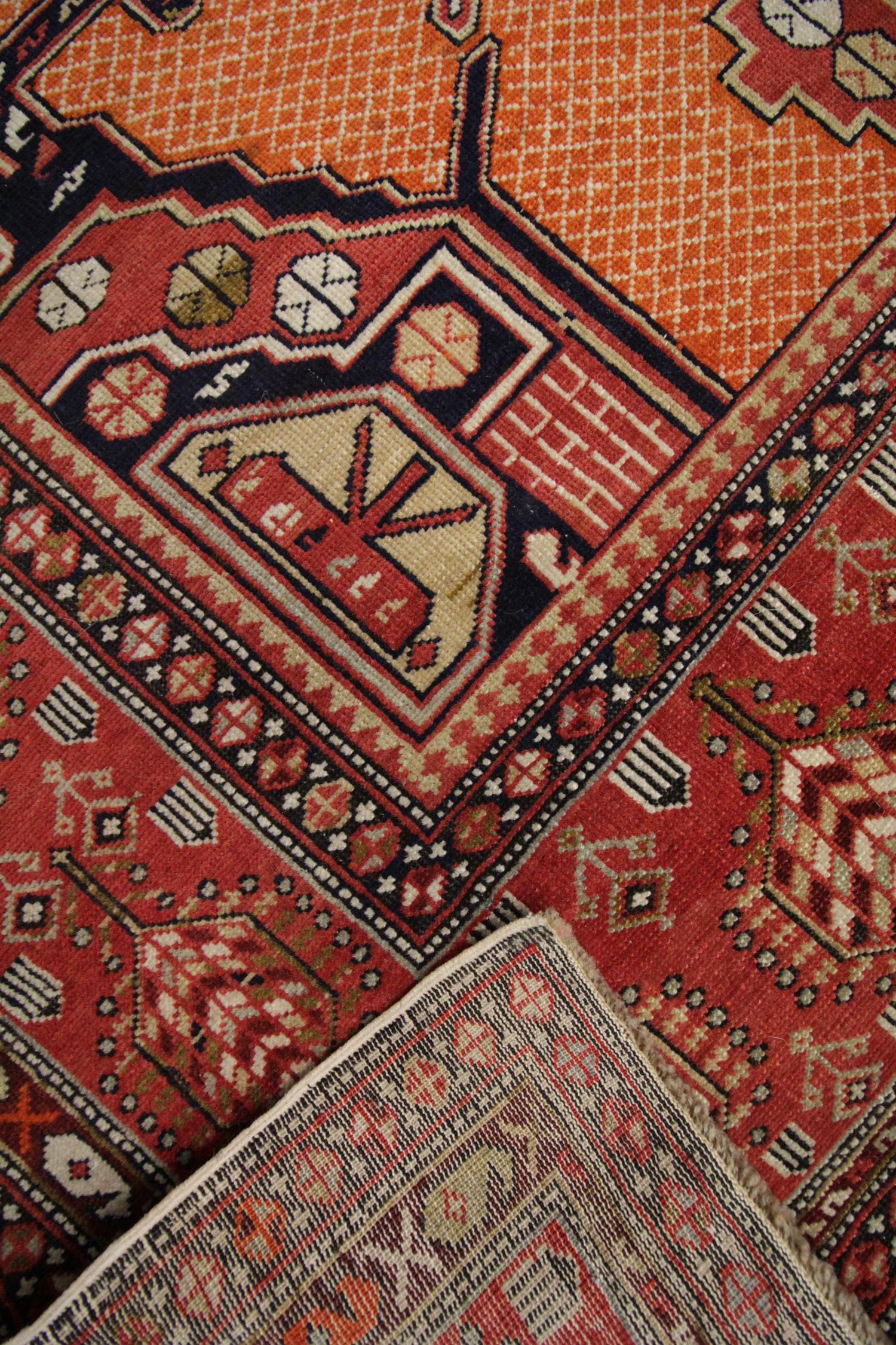 Handmade Carpet Antique Rug Caucasian Living Room Rug, Orange and Red Tribal Rug For Sale 1