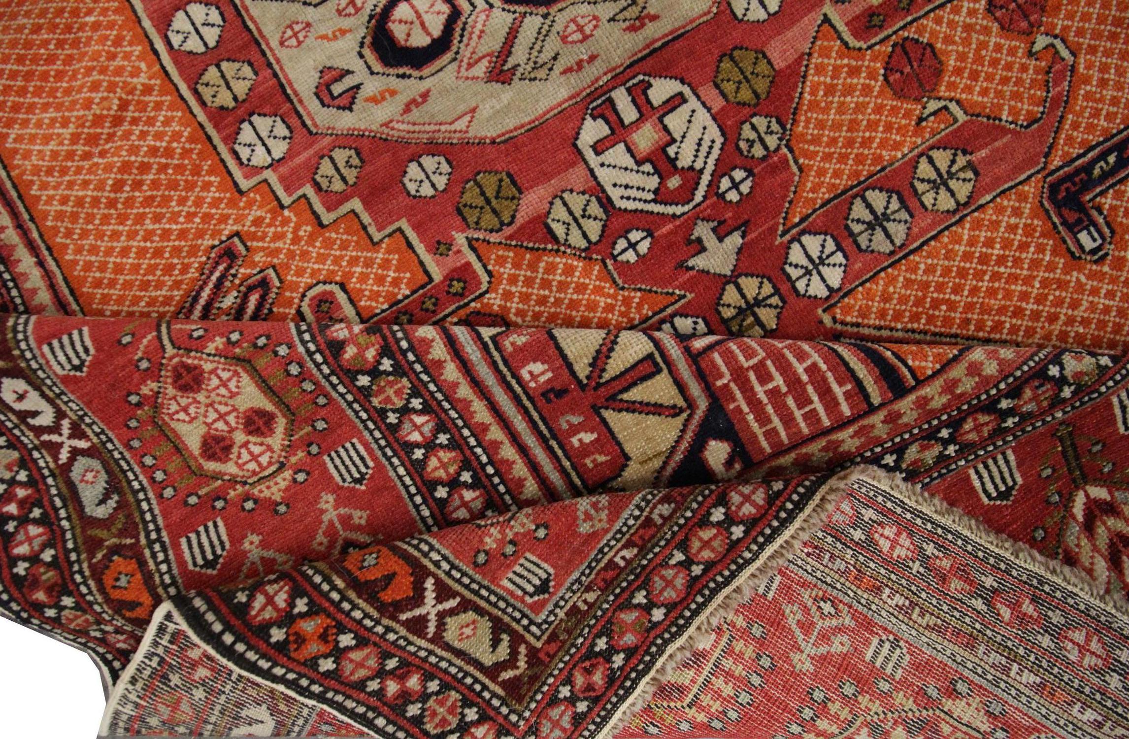 Handmade Carpet Antique Rug Caucasian Living Room Rug, Orange and Red Tribal Rug For Sale 2