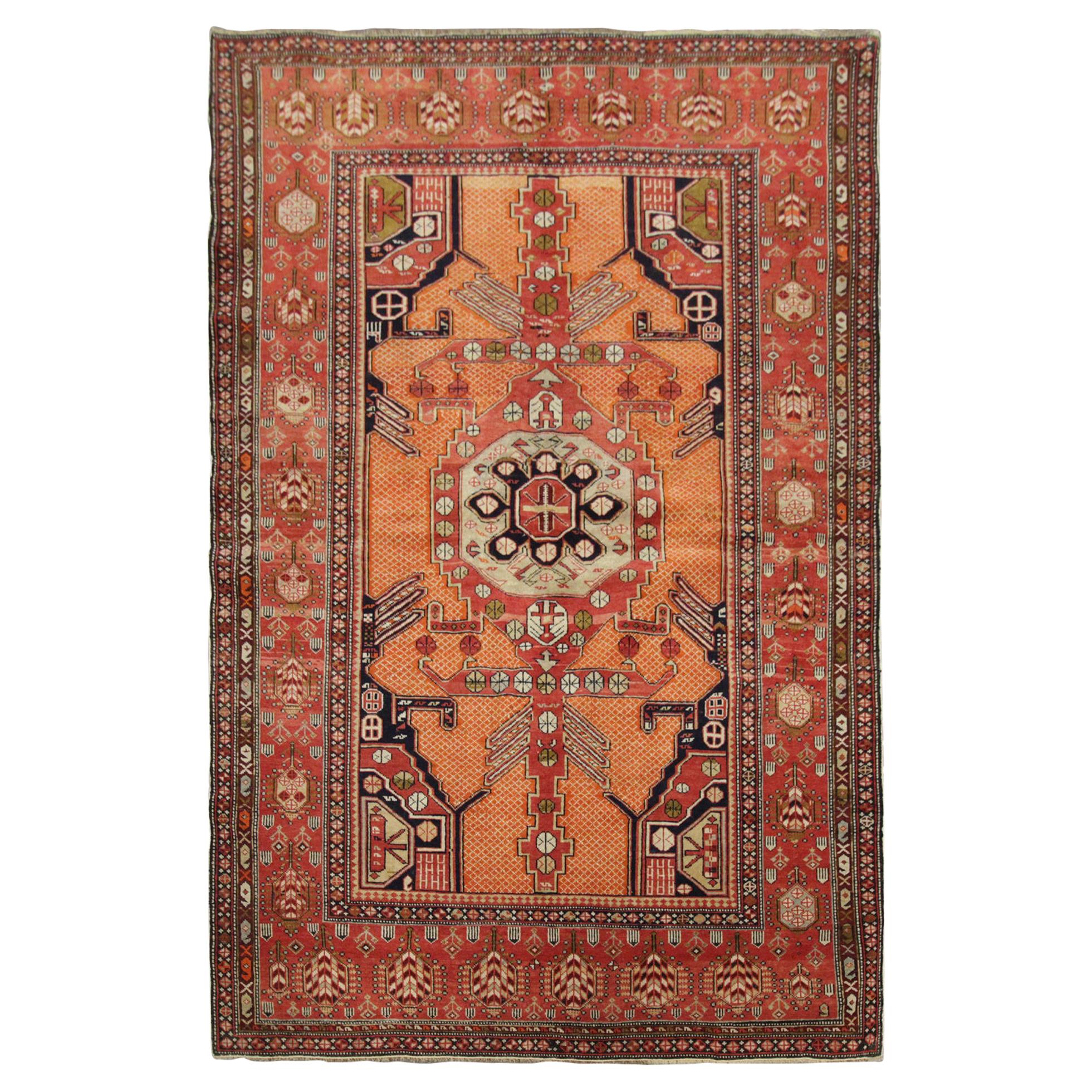 Handmade Carpet Antique Rug Caucasian Living Room Rug, Orange and Red Tribal Rug