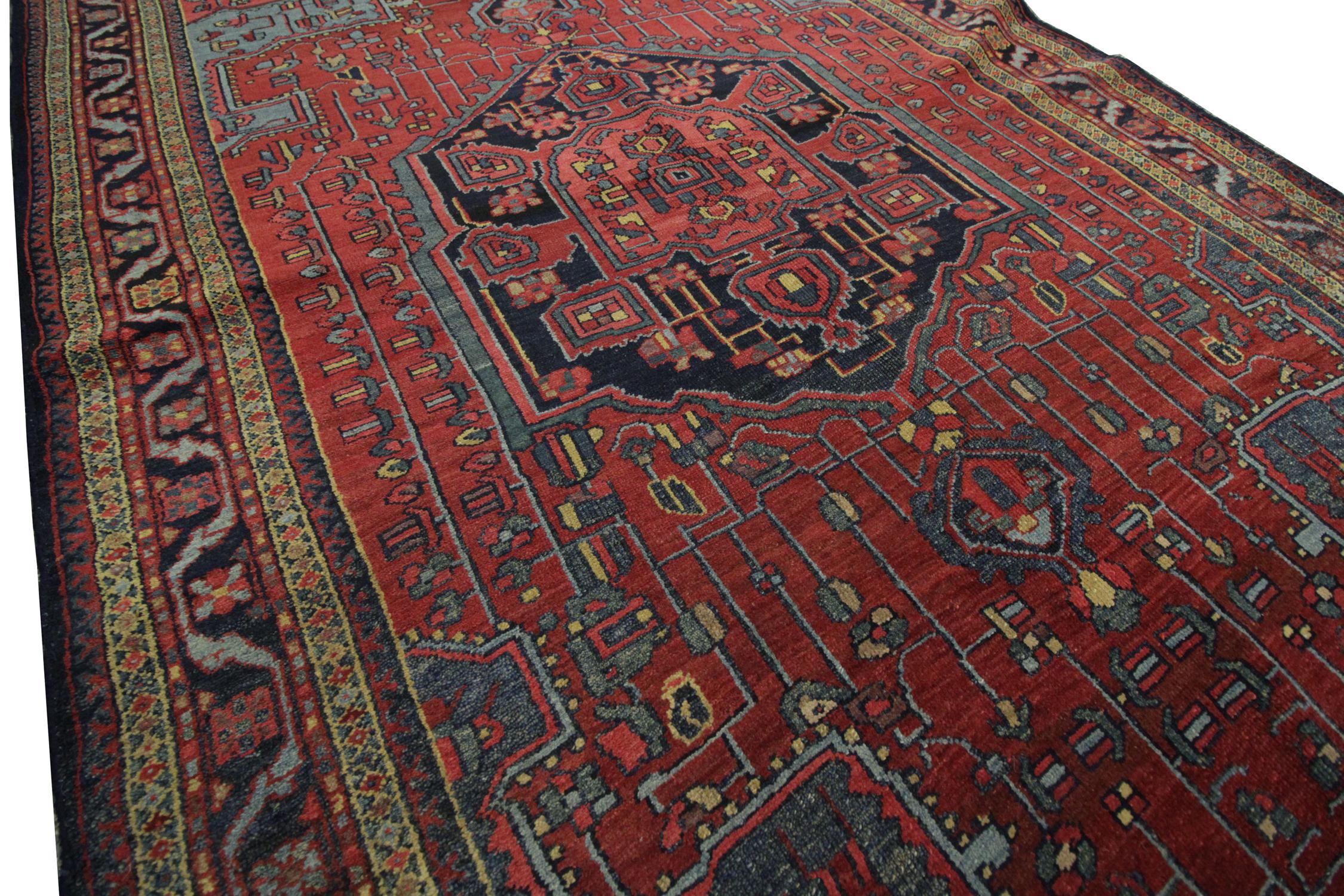 Rustic Handmade Carpet Antique Rug Caucasian Living Room Rug, Tribal Red Oriental Rug  For Sale
