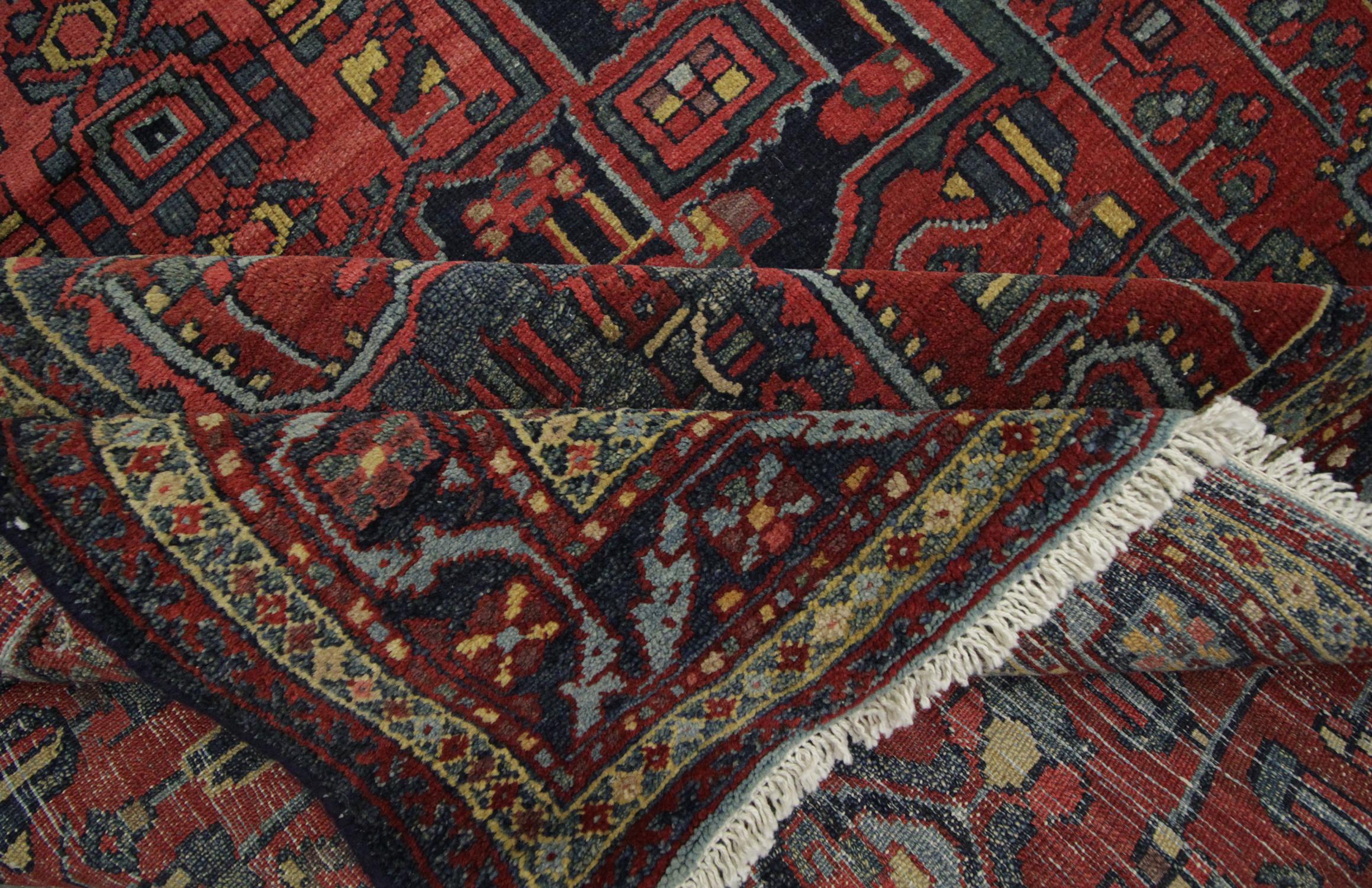 Wool Handmade Carpet Antique Rug Caucasian Living Room Rug, Tribal Red Oriental Rug  For Sale