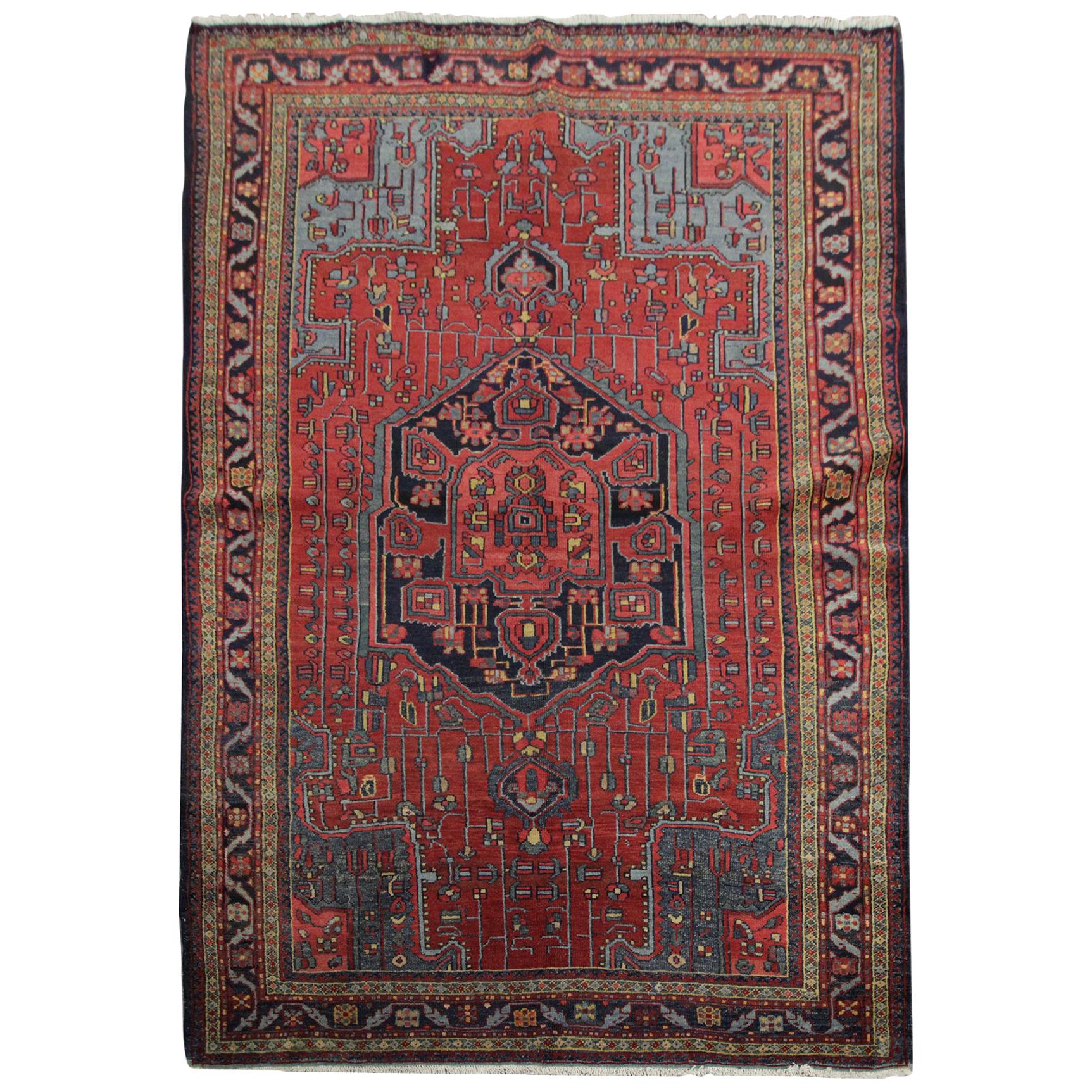 Handmade Carpet Antique Rug Caucasian Living Room Rug, Tribal Red Oriental Rug  For Sale
