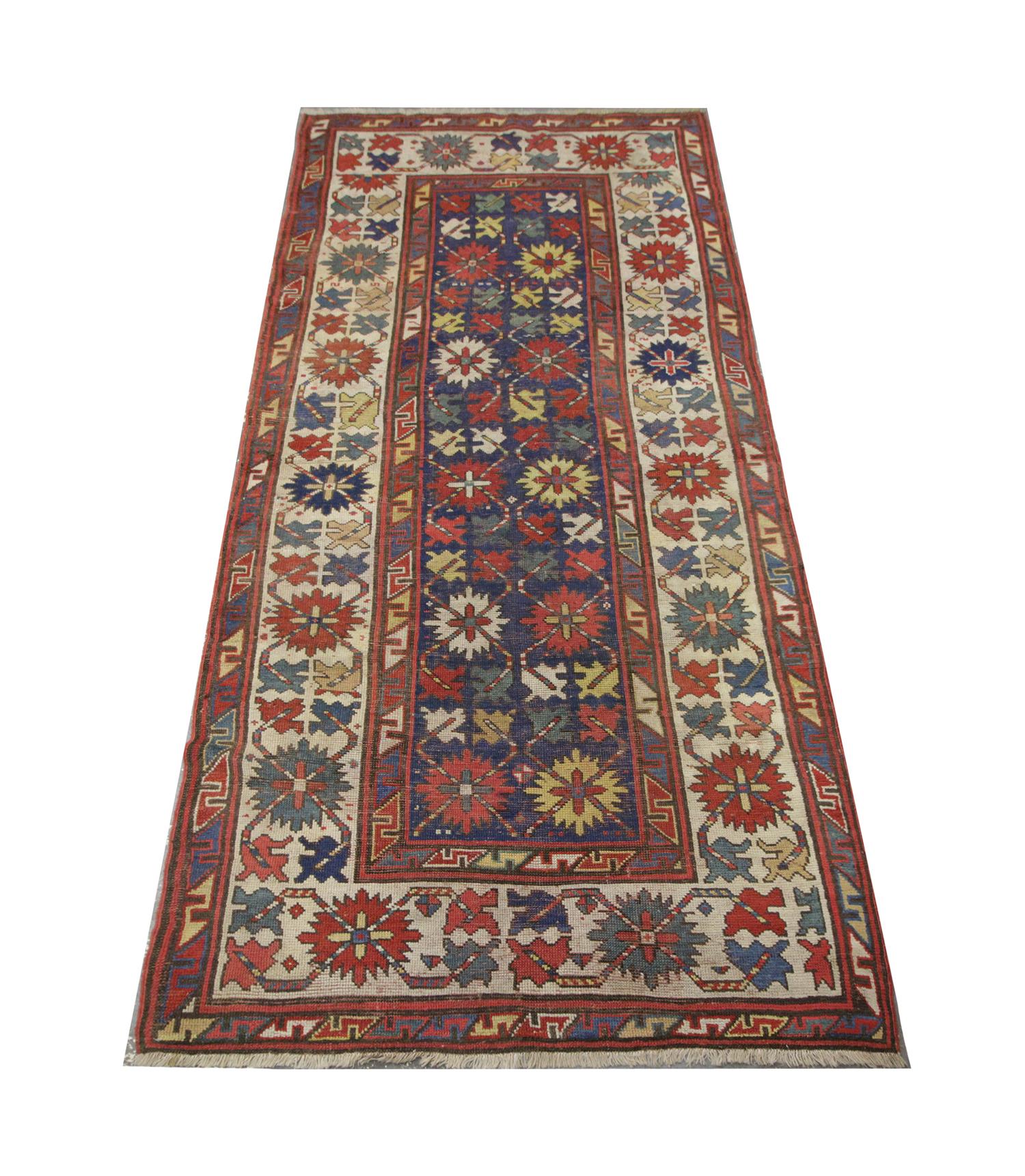 Vibrant primary colors have been woven into a highly-detailed tribal design. Featuring a repeat pattern central design woven on deep blue background, this is enclosed by a highly detailed border.
This high-quality antique Kazak rug is perfect for