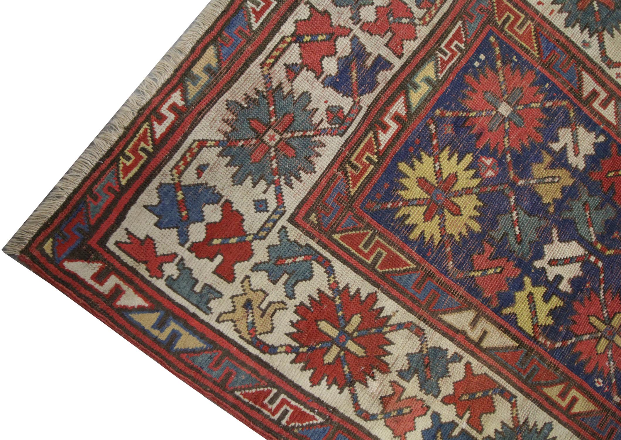 Hand-Knotted Handmade Carpet Antique Rug Kazak Caucasian Rug, Long Tribal Design Area Rug For Sale