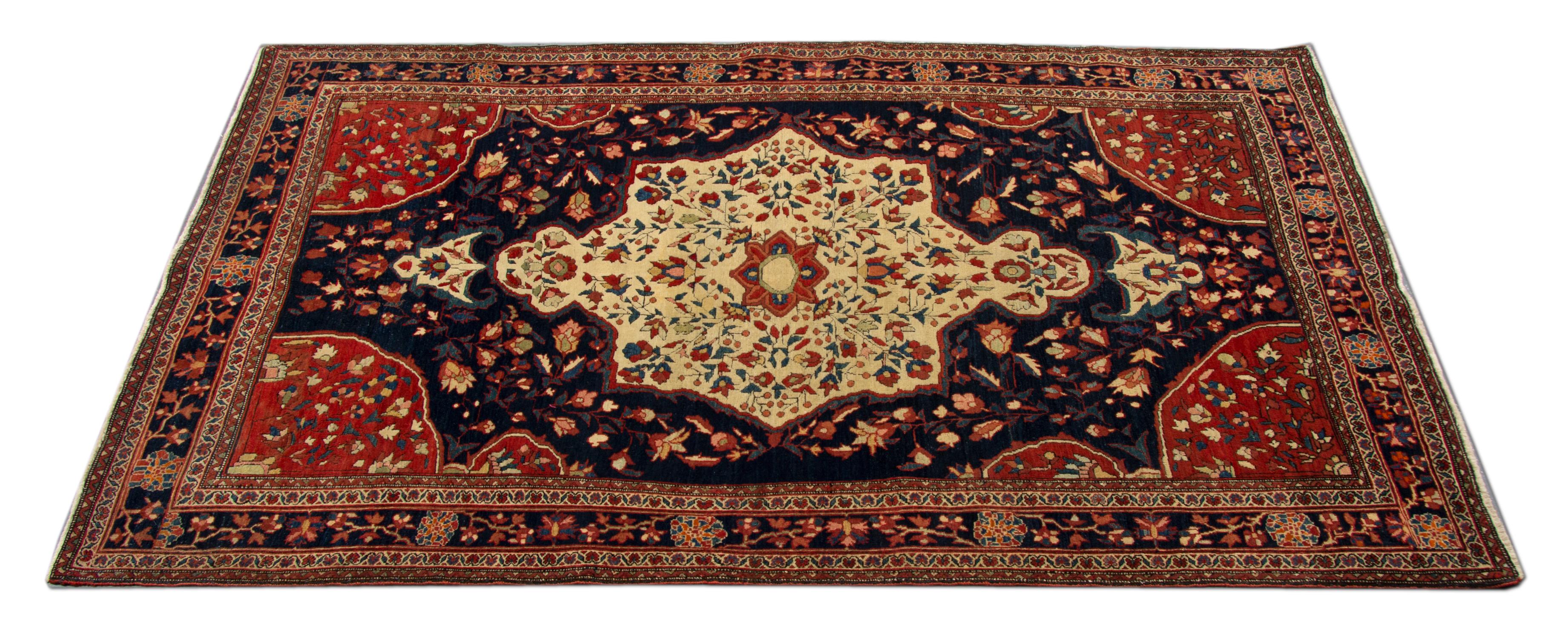 Handgefertigter antiker Teppich, traditioneller rot-blauer Wollteppich (Spätes 19. Jahrhundert) im Angebot