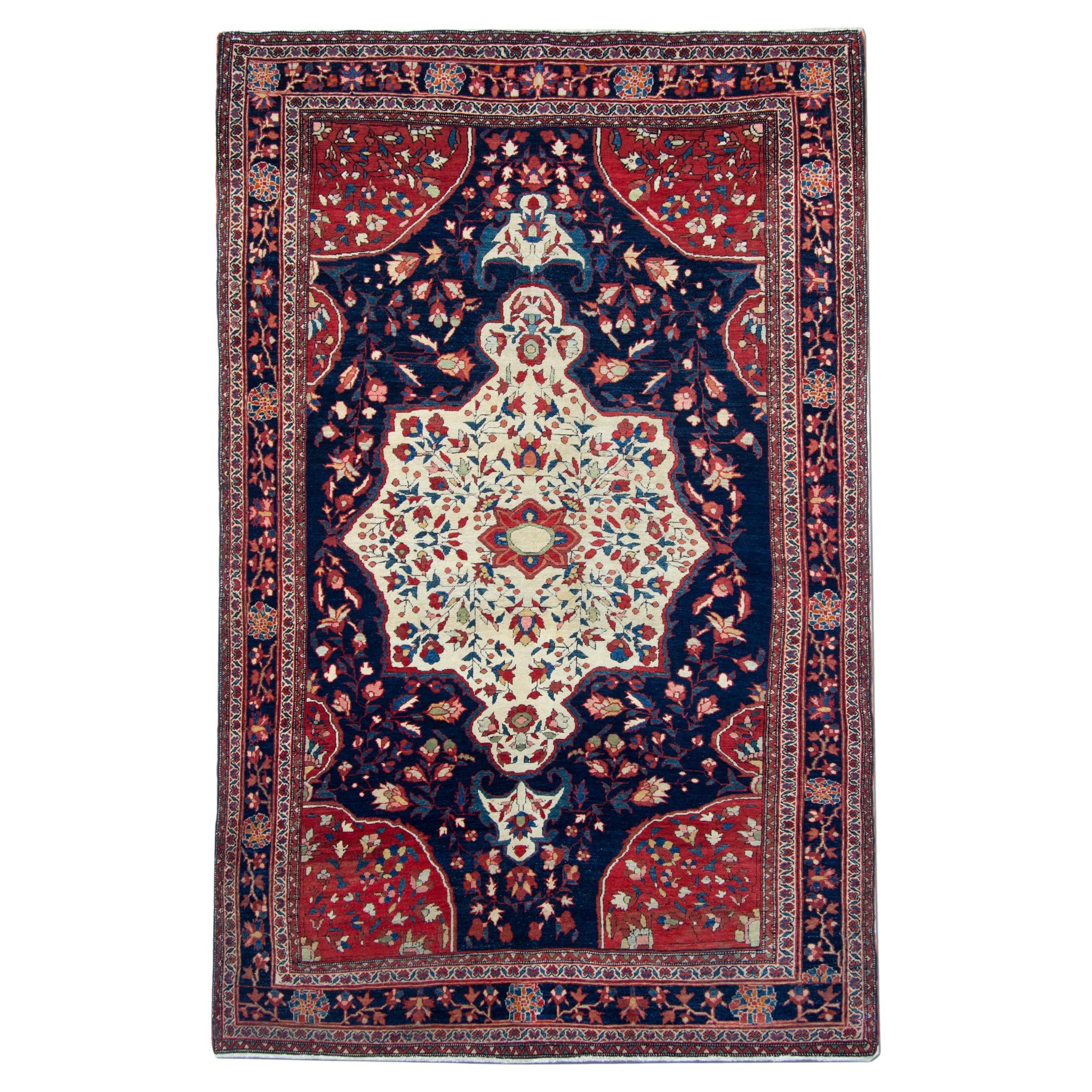 Handgefertigter antiker Teppich, traditioneller rot-blauer Wollteppich im Angebot