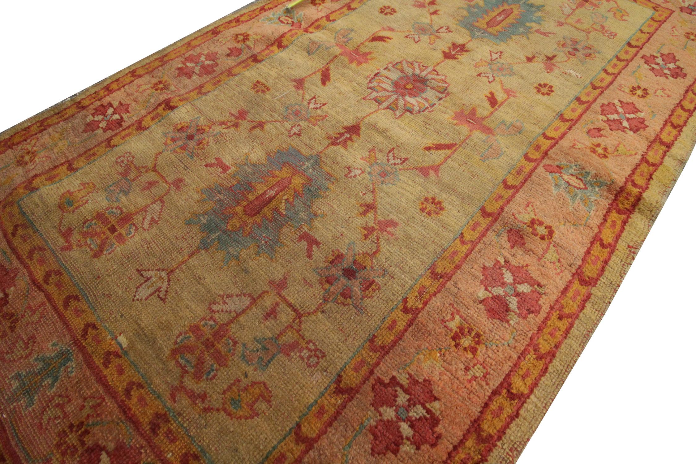 Oushak Handmade Carpet Antique Rug, Tribal Turkmen Oriental Rug Gold Living Room Rug For Sale