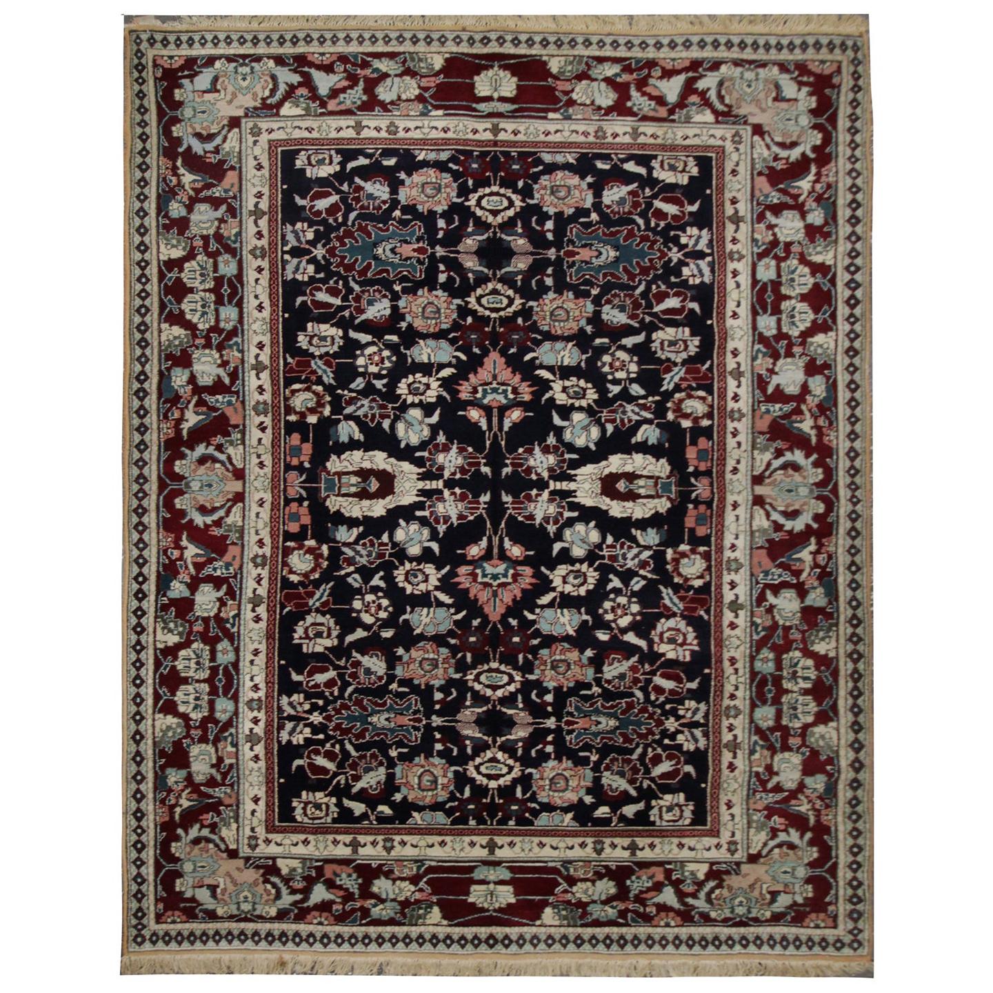 Handgefertigter antiker Teppich Indischer traditioneller rot-schwarzer Wollteppich im Angebot