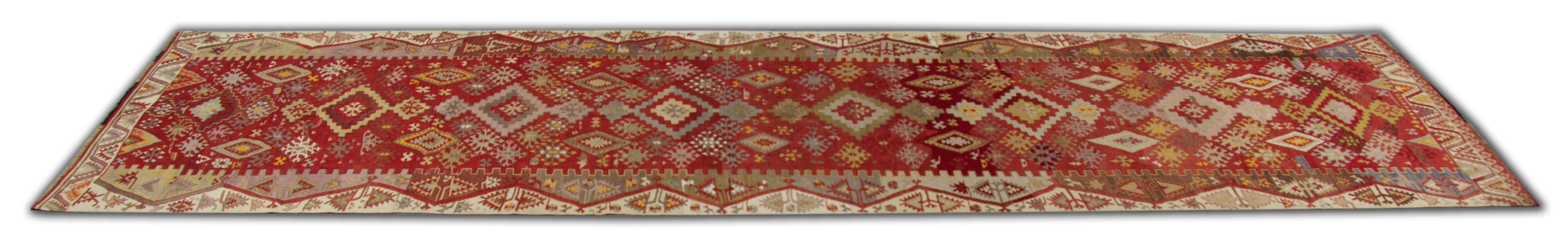 Konya is located in the heart of Turkey, workshop Long Kilims of Konya are mostly known for their distinctive geometric designs. Turkish patterned rugs are popular with their hardwearing and durable qualities. These handmade carpet runners are one