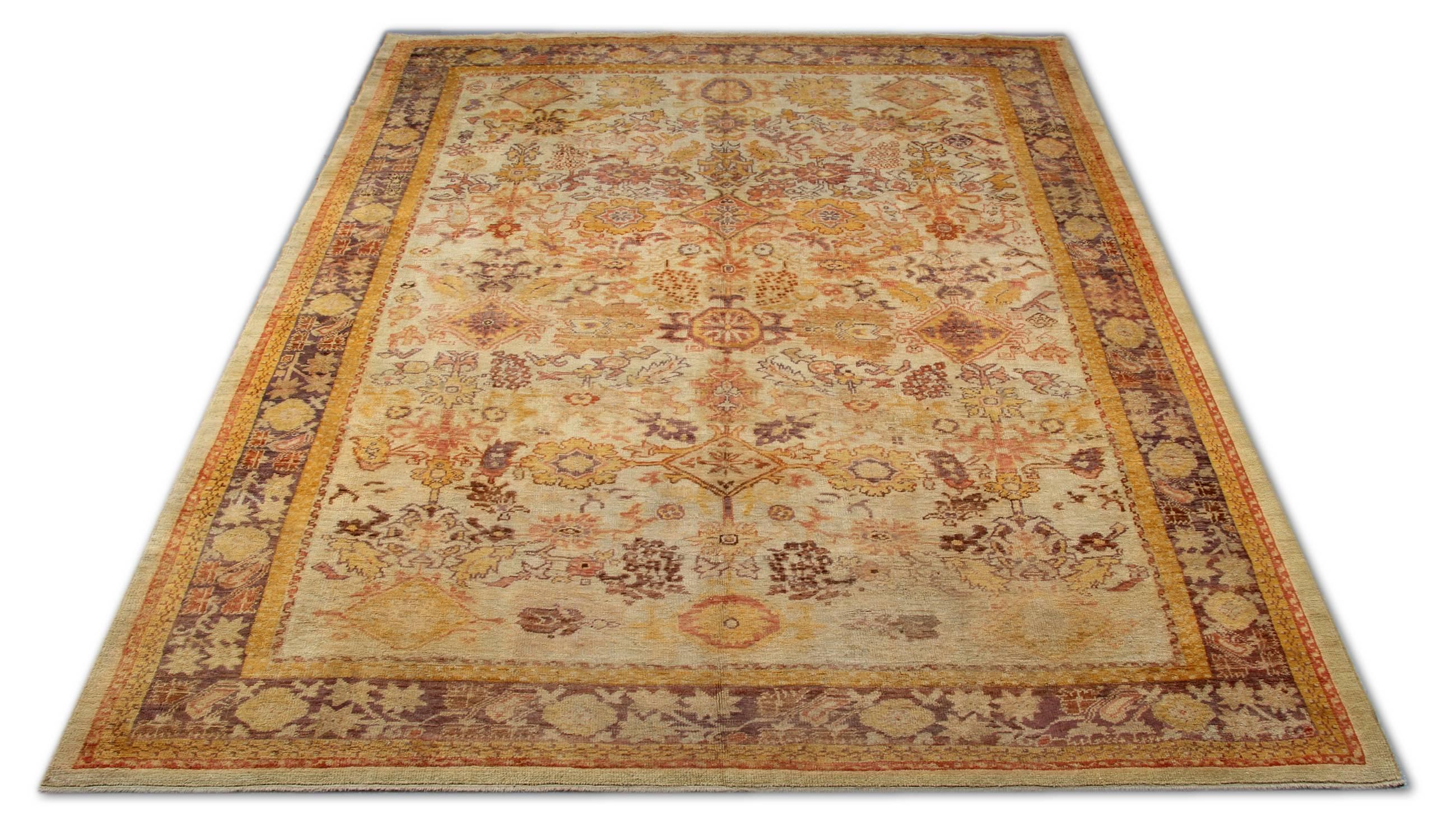 This antique rug is an oriental rug with a yellow background and is a kind of beautiful hand knotted Turkish carpets or Anatolian rugs with geometric rug pattern and very elegant tribal and floral rug design. These wool rugs have vibrant natural