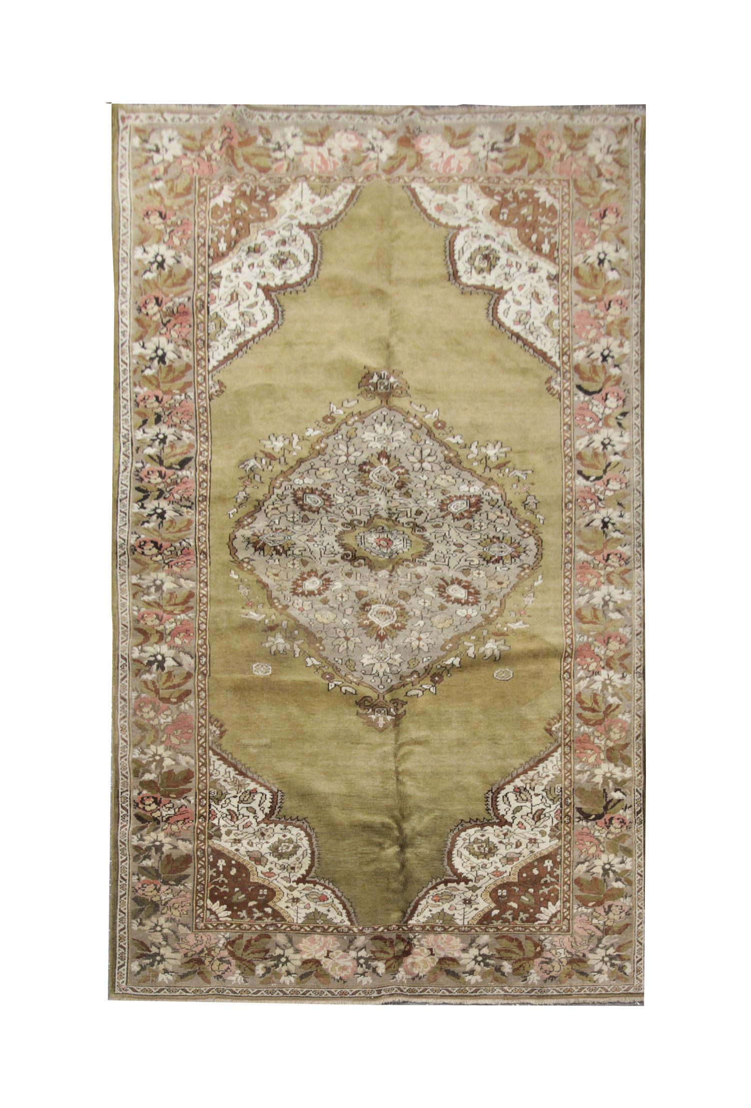 Turkish Handmade Carpet Area Oriental Rug, Antique Green Wool Living Room Rug for Sale For Sale
