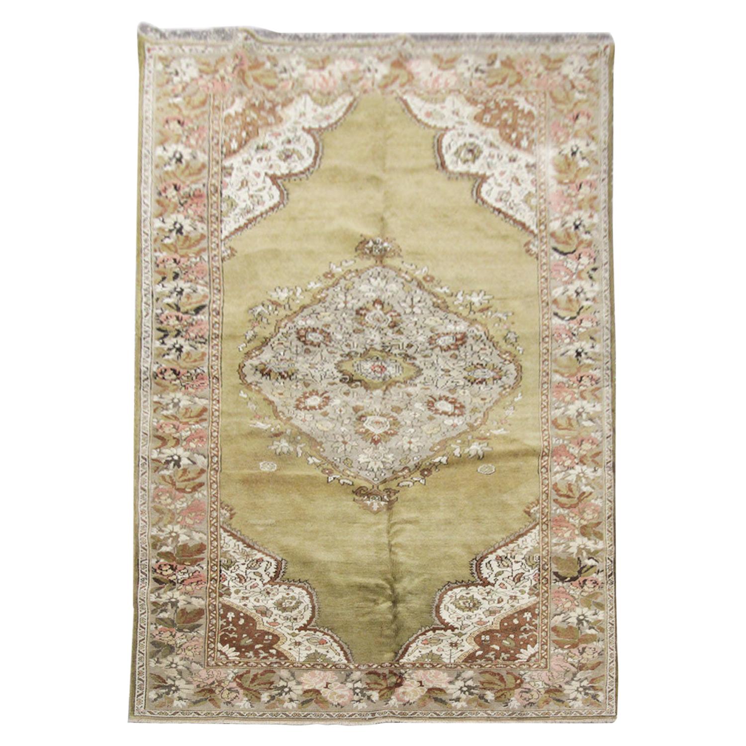 Alfombra oriental hecha a mano, alfombra verde antigua de lana para salón en venta