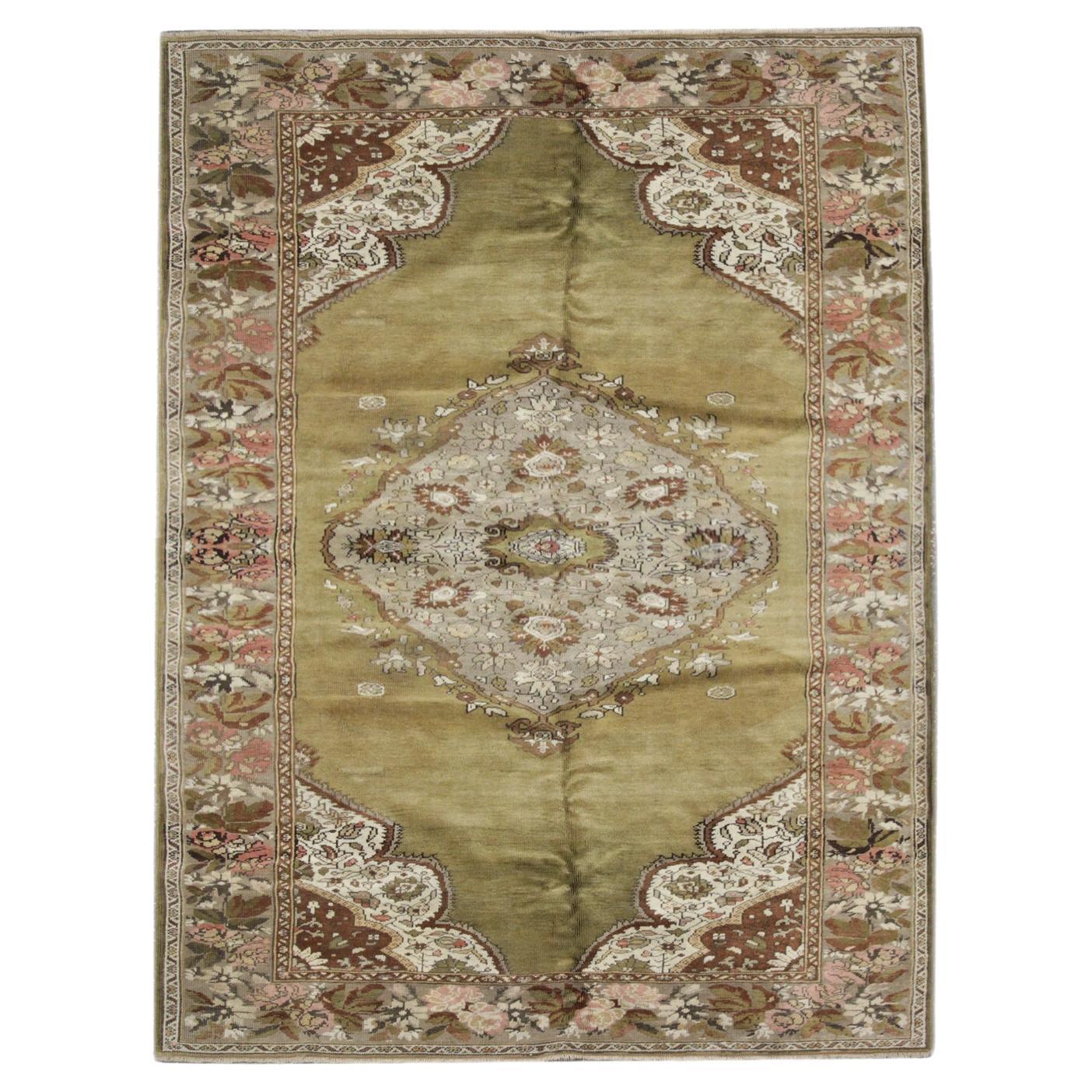 Handmade Carpet Area Oriental Rug, Antique Green Wool Living Room Rug for Sale For Sale