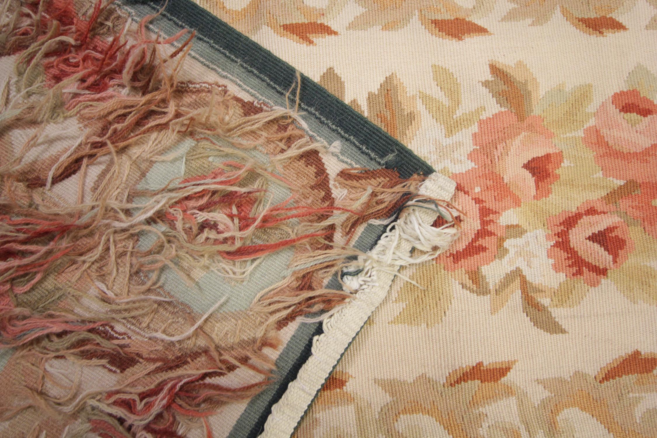 Contemporary Handmade Carpet Aubusson Rug, Oriental Runner Green Wool Tapestry Rug For Sale