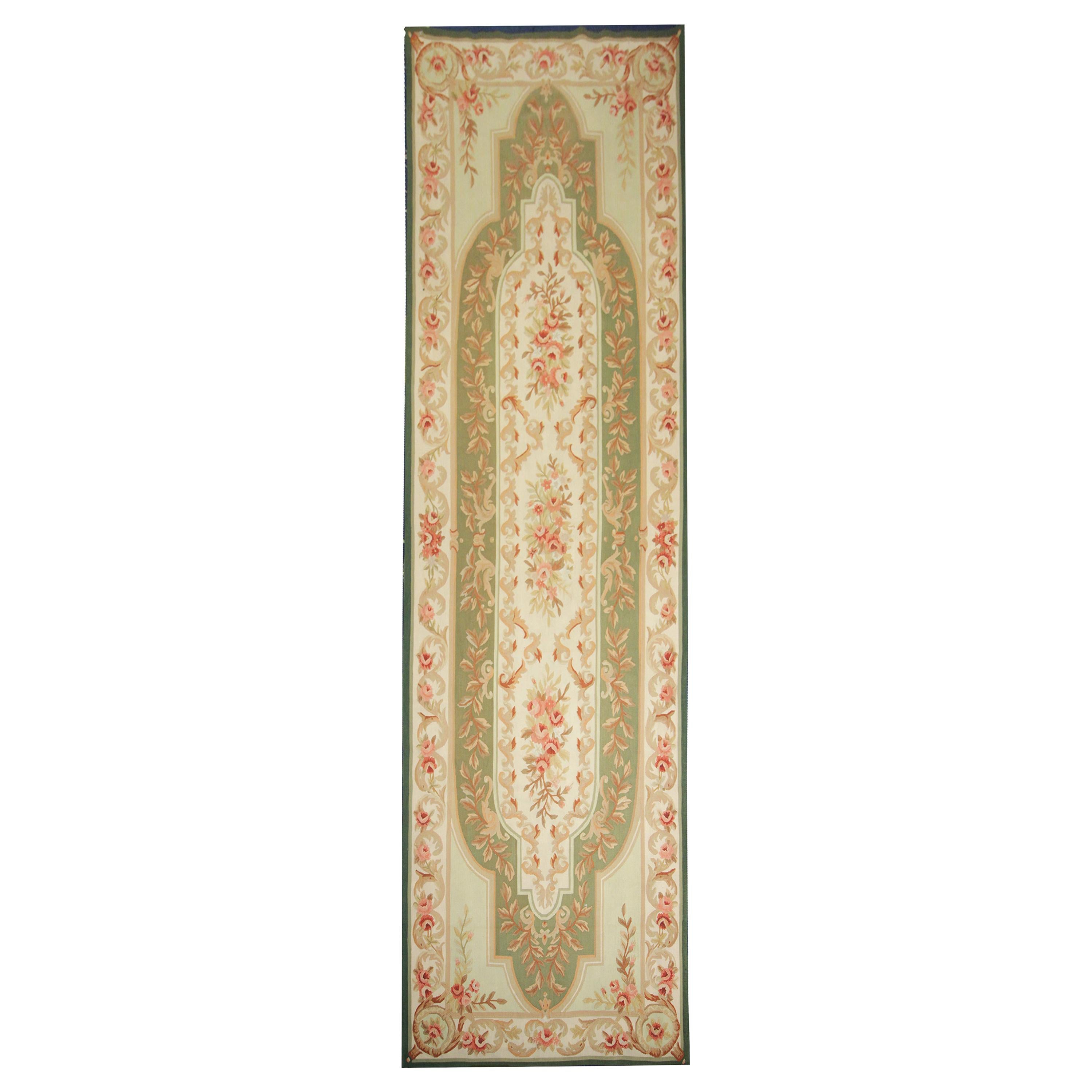 Handmade Carpet Aubusson Rug, Oriental Runner Green Wool Tapestry Rug For Sale