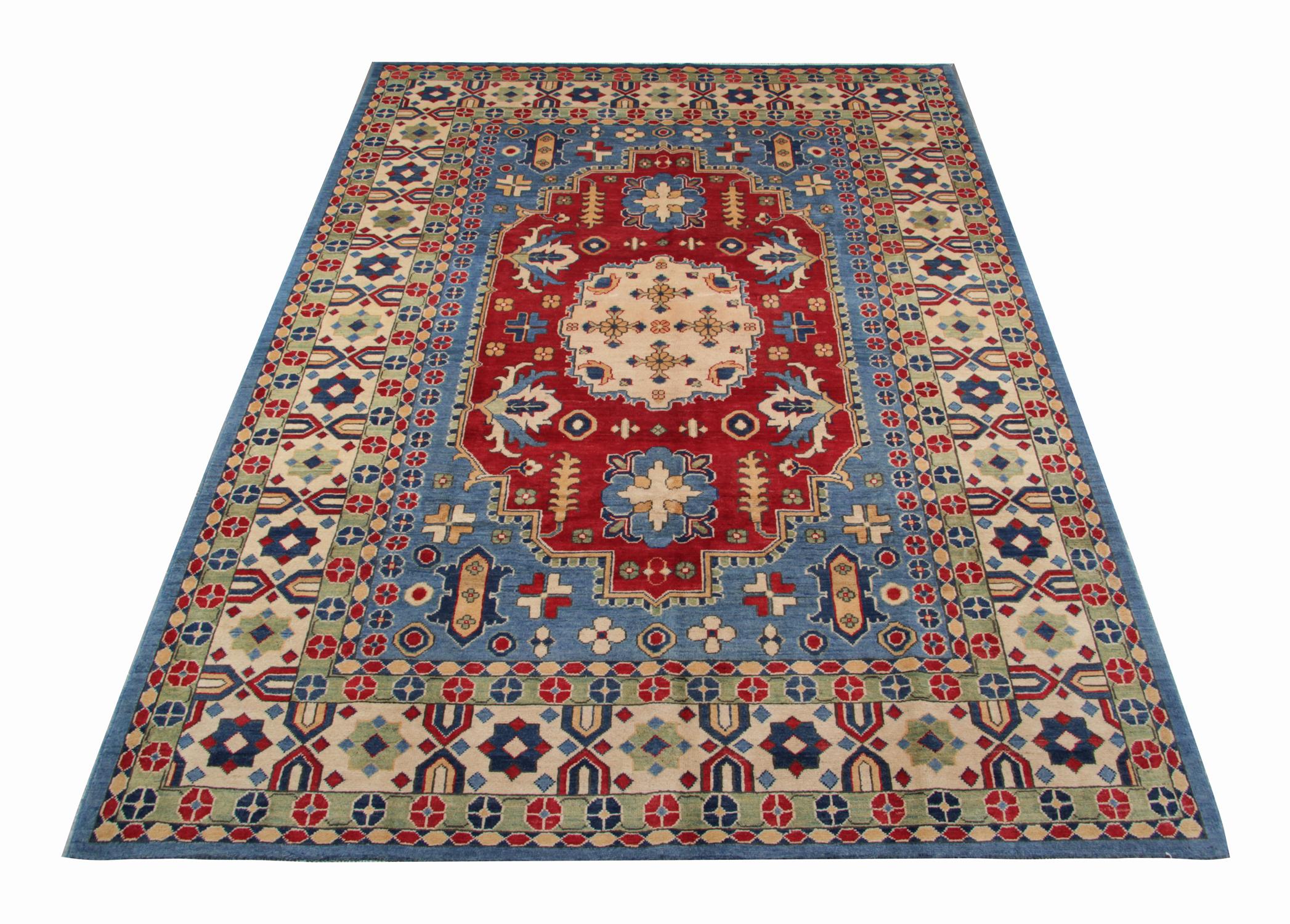 Hand-Knotted Handmade Carpet, Blue Geometric Rugs, Large Livingroom Rugs For Sale