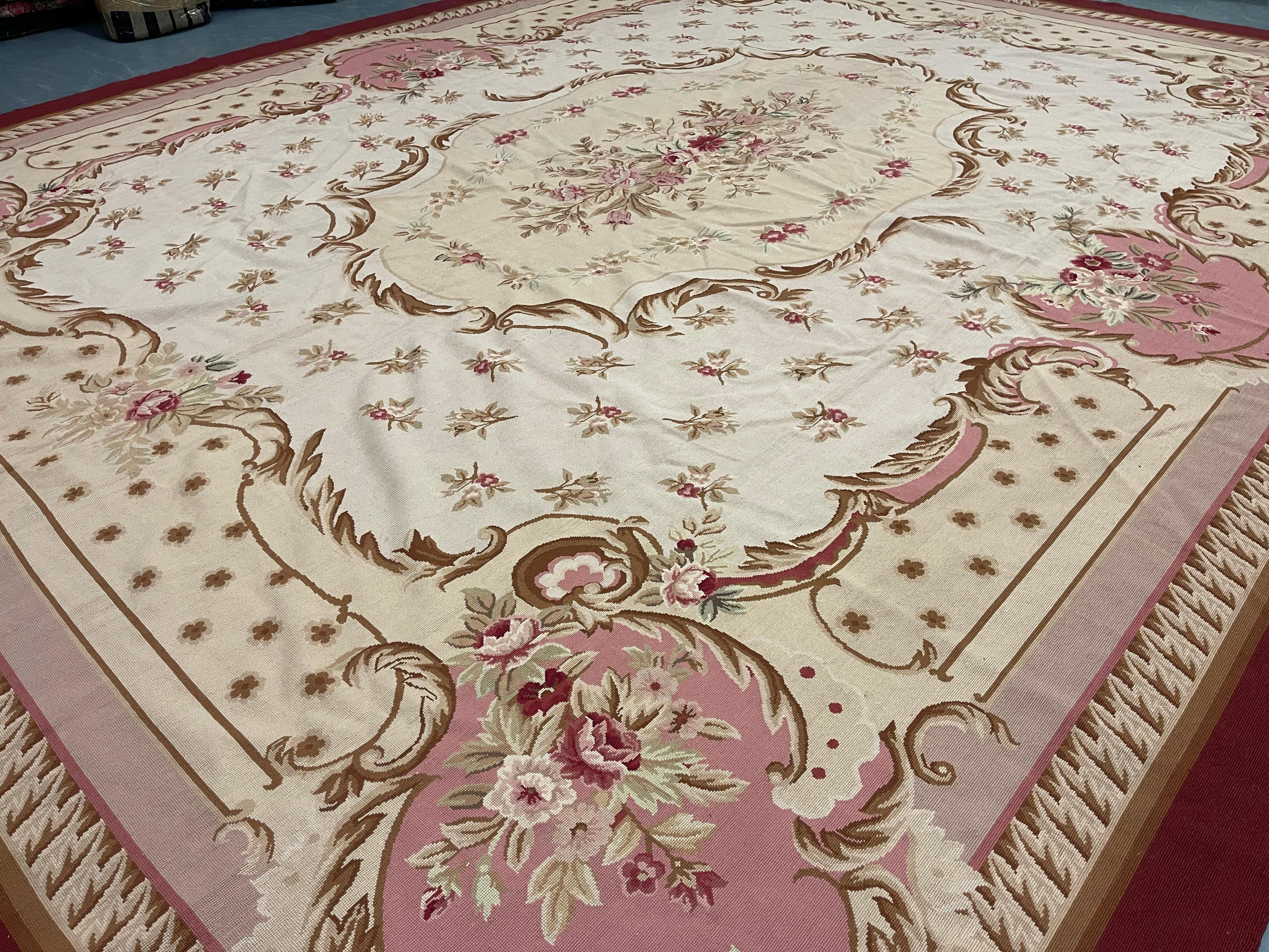 Blush Pink Beige Aubusson Rug, Extra Large Wool Tapestry Rug Handmade Carpet  For Sale 6