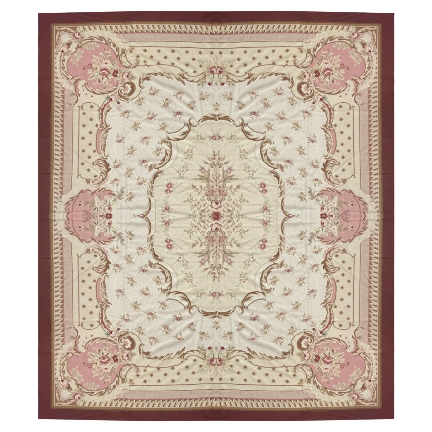 Blush Pink Beige Aubusson Rug, Extra Large Wool Tapestry Rug Handmade Carpet  For Sale