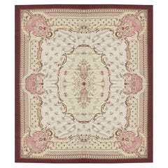 Vintage Blush Pink Beige Aubusson Rug, Extra Large Wool Tapestry Rug Handmade Carpet 