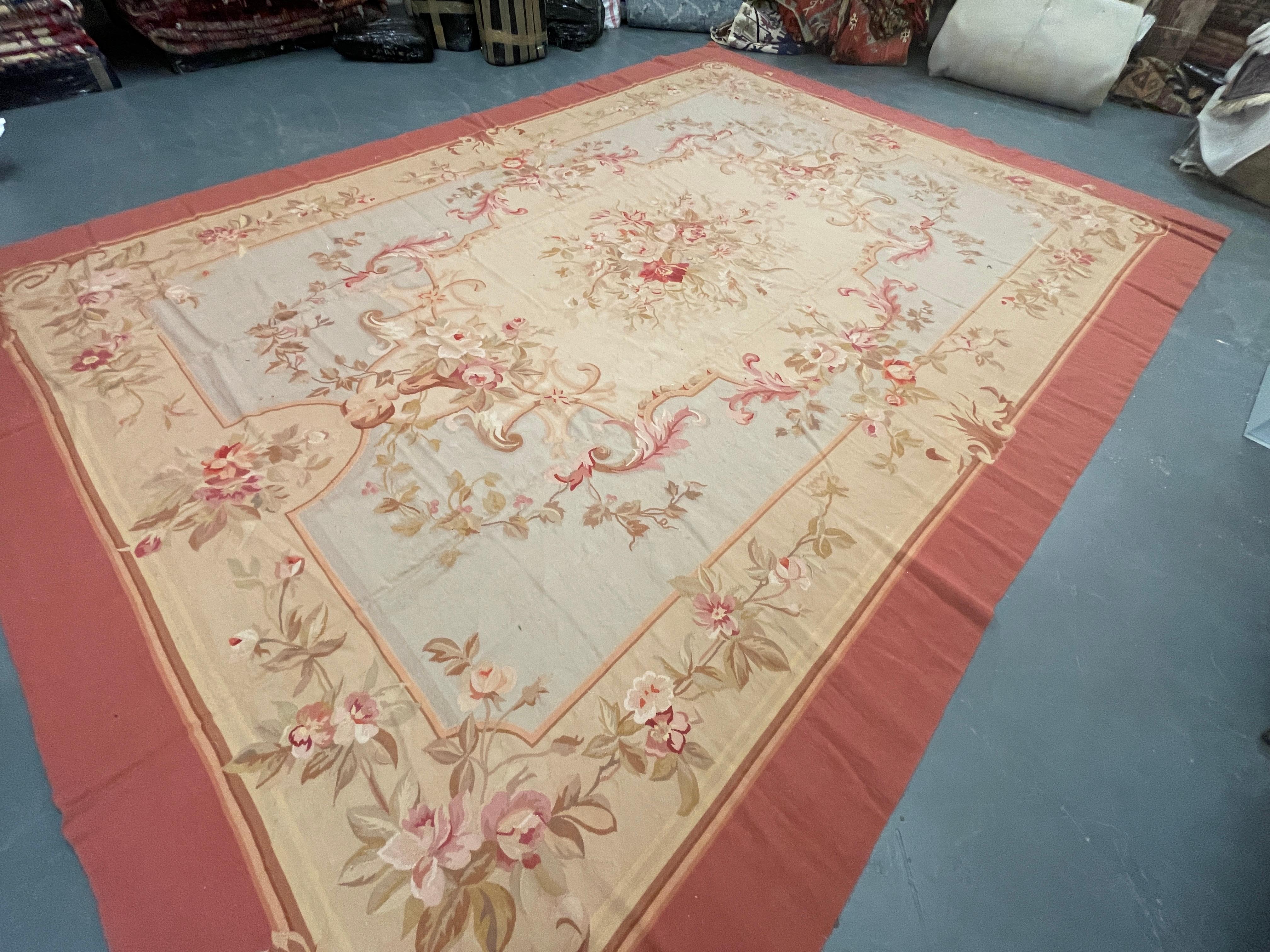Blue Aubusson Rug, Extra Large Wool Tapestry Rug, Handmade Carpet Blush Pink Rug For Sale 2