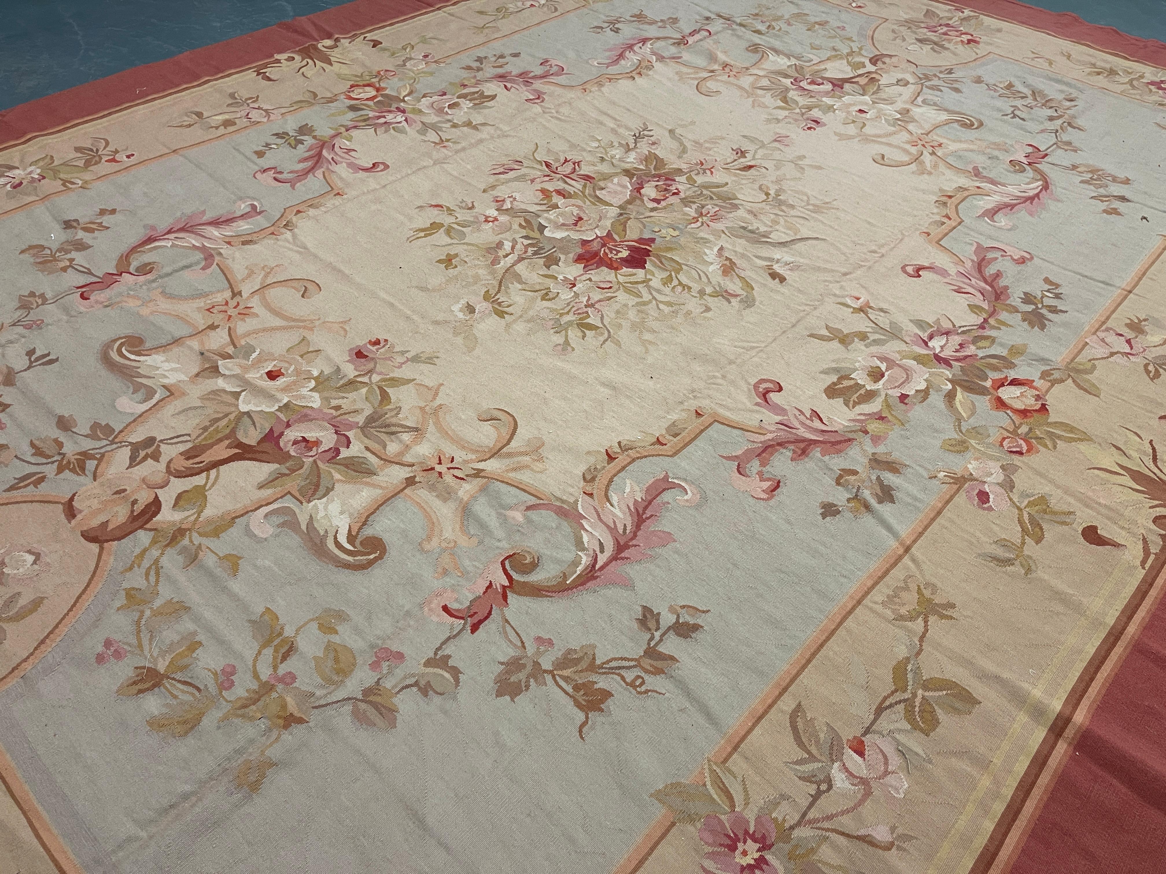 Blue Aubusson Rug, Extra Large Wool Tapestry Rug, Handmade Carpet Blush Pink Rug For Sale 3