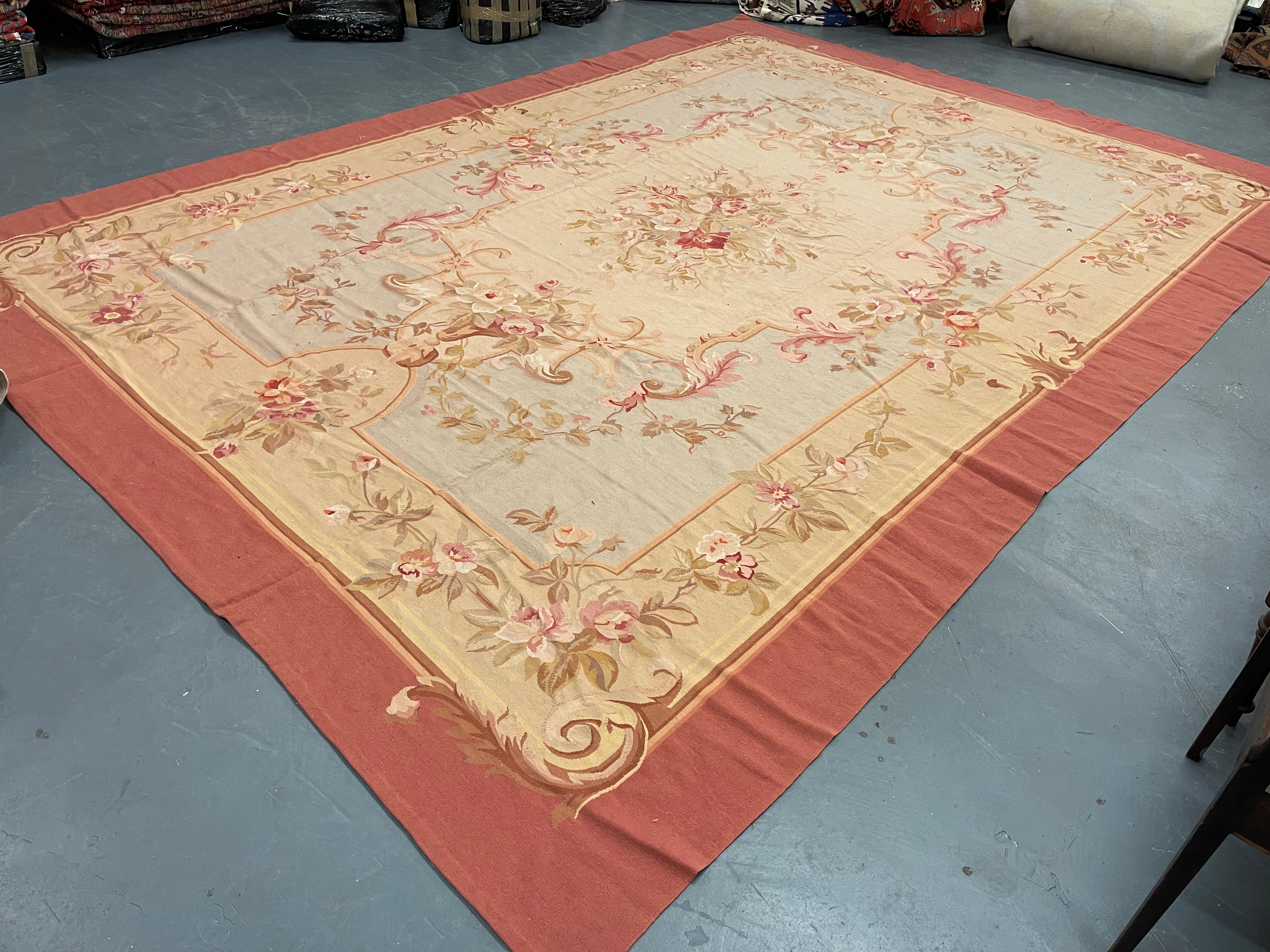 Blue Aubusson Rug, Extra Large Wool Tapestry Rug, Handmade Carpet Blush Pink Rug For Sale 1