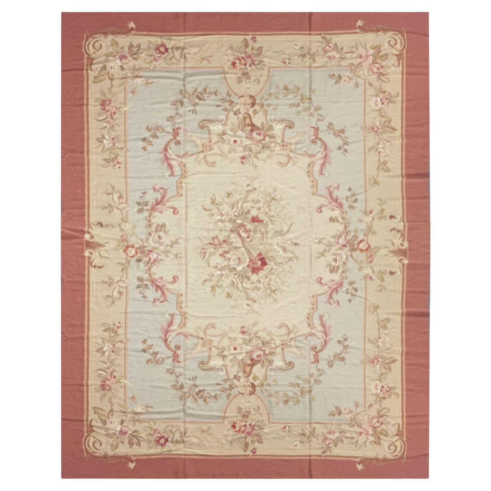Tappeto Aubusson blu, Tappeto arazzo in lana extra large, Tappeto fatto a mano Tappeto rosa sfumato