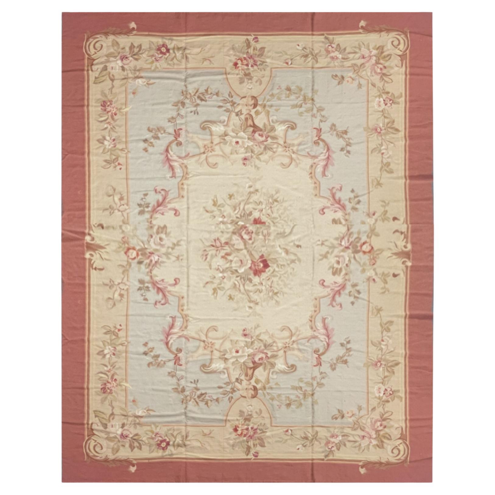 Blue Aubusson Rug, Extra Large Wool Tapestry Rug, Handmade Carpet Blush Pink Rug For Sale