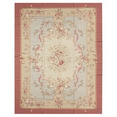 Retro Blue Aubusson Rug, Extra Large Wool Tapestry Rug, Handmade Carpet Blush Pink Rug