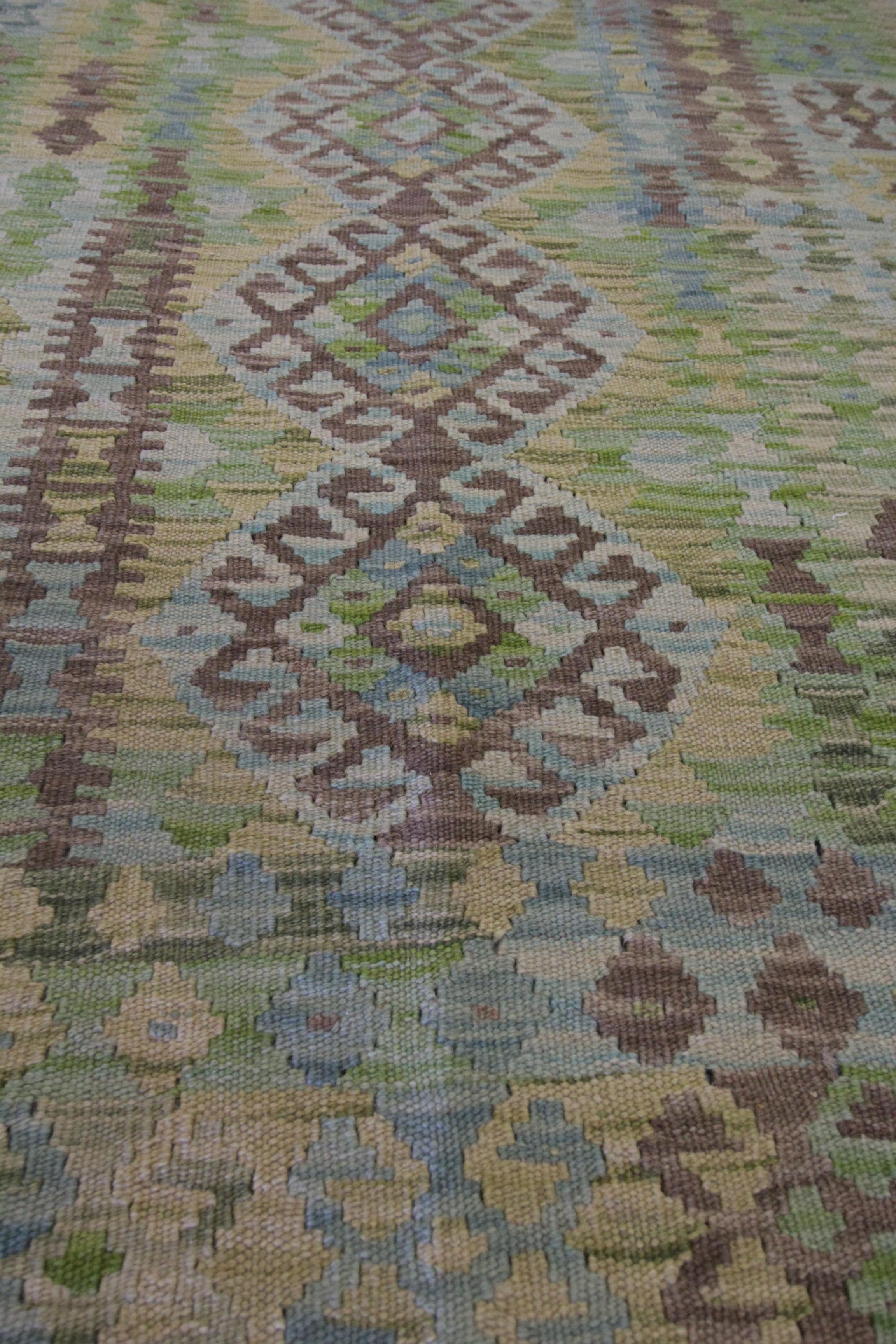 Afghan Handmade Carpet Flat Kilim Area Rug Green Wool Geometric Kilim Rug