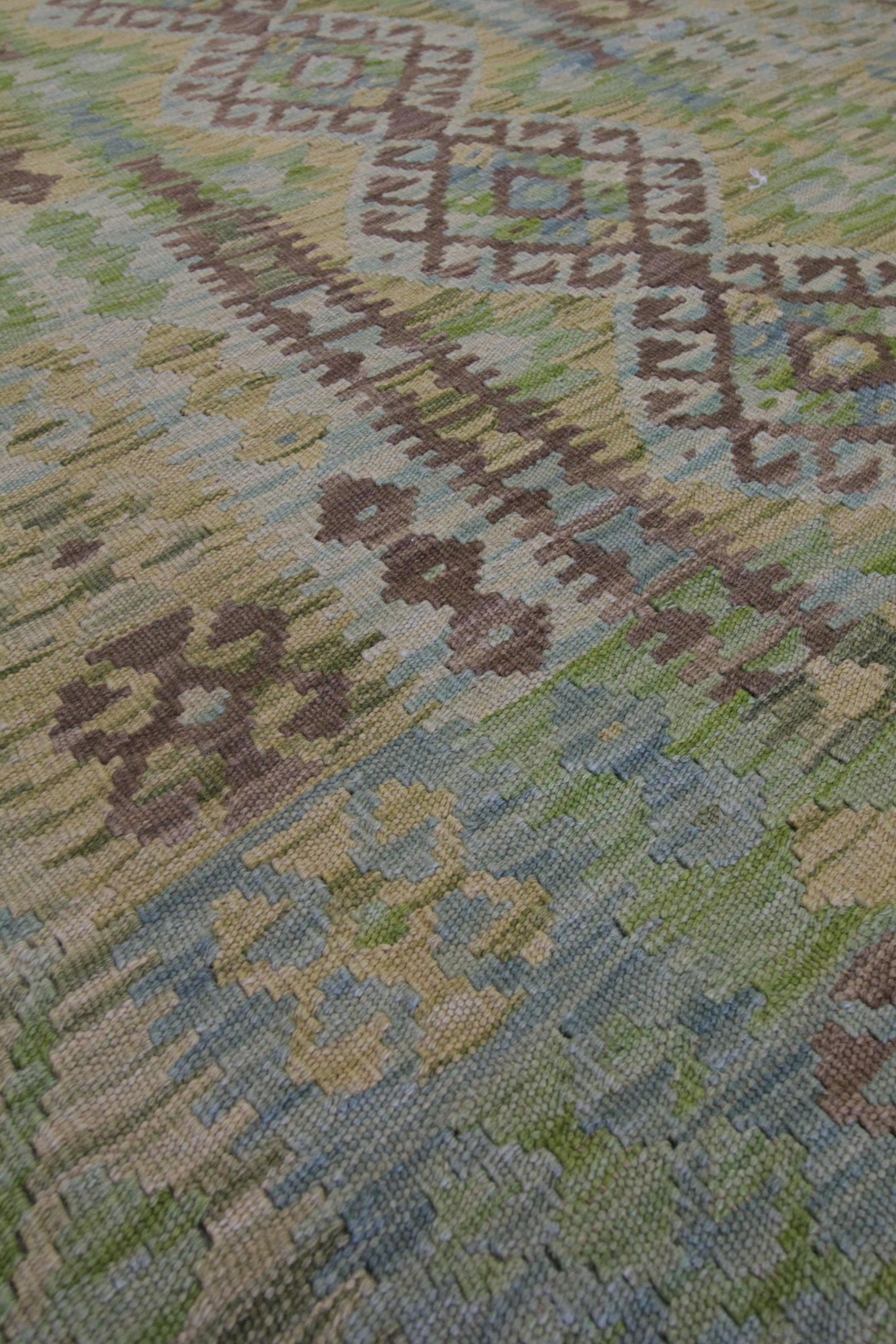 Vegetable Dyed Handmade Carpet Flat Kilim Area Rug Green Wool Geometric Kilim Rug