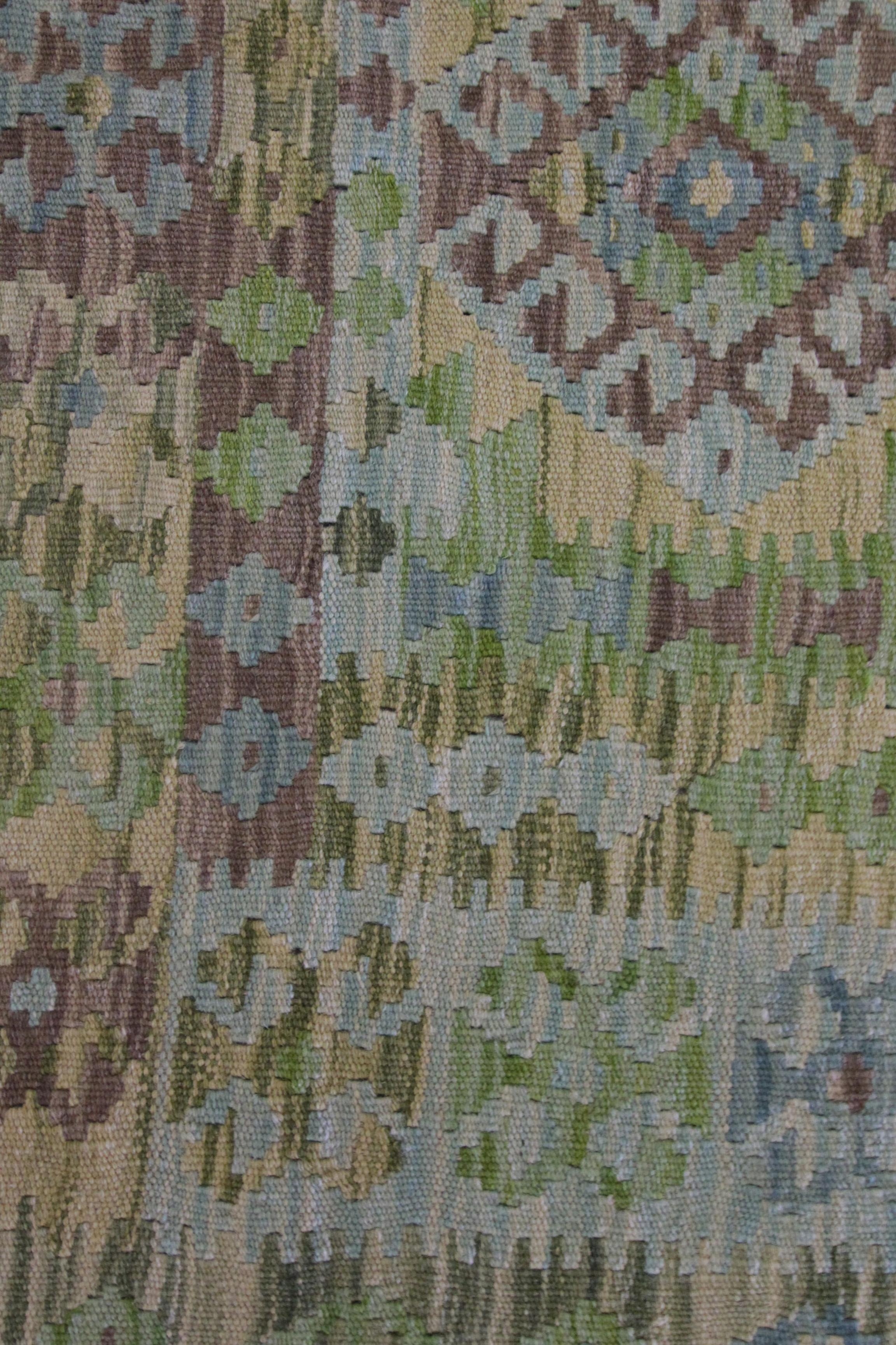 Contemporary Handmade Carpet Flat Kilim Area Rug Green Wool Geometric Kilim Rug