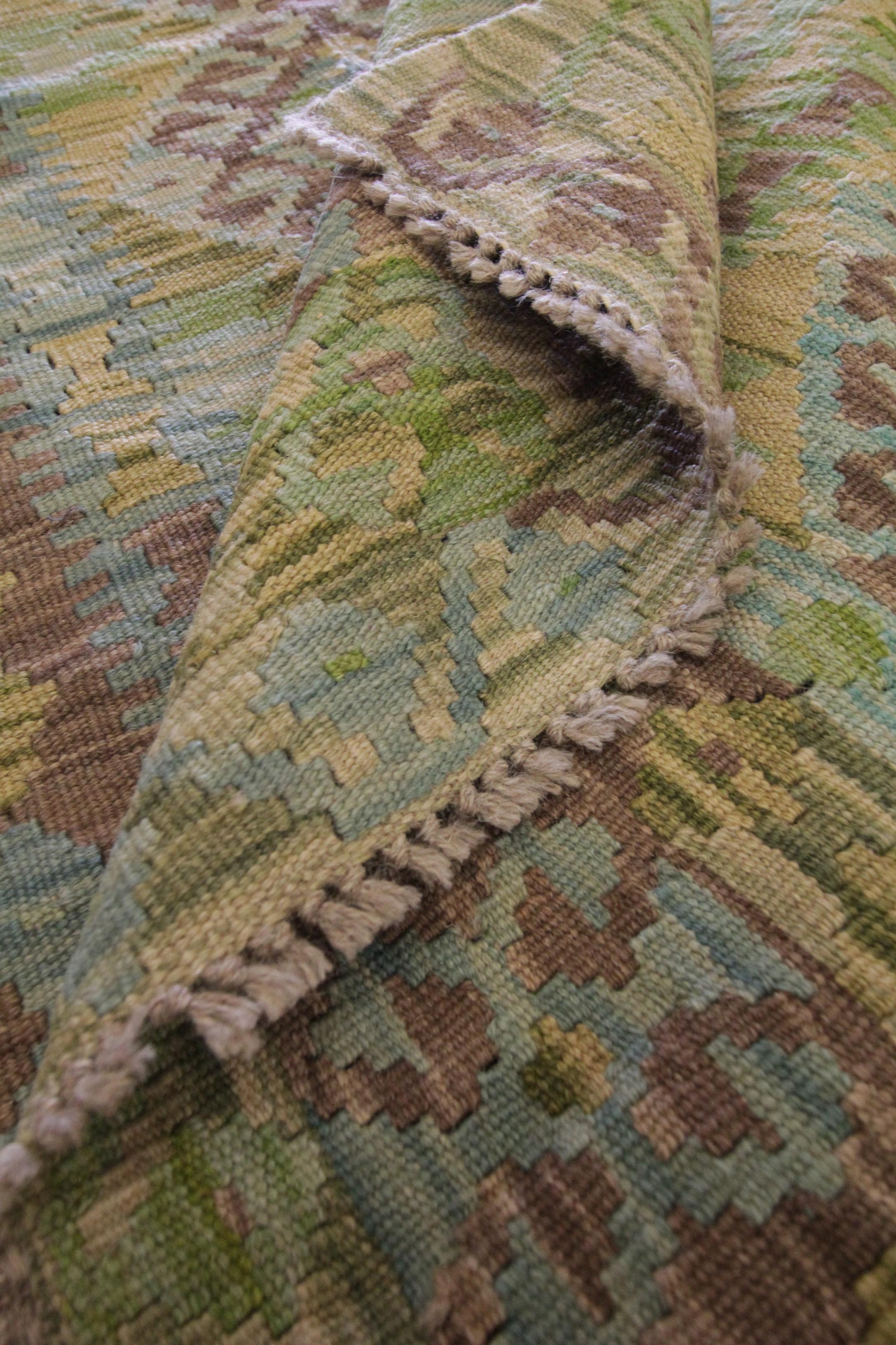 Handmade Carpet Flat Kilim Area Rug Green Wool Geometric Kilim Rug 2