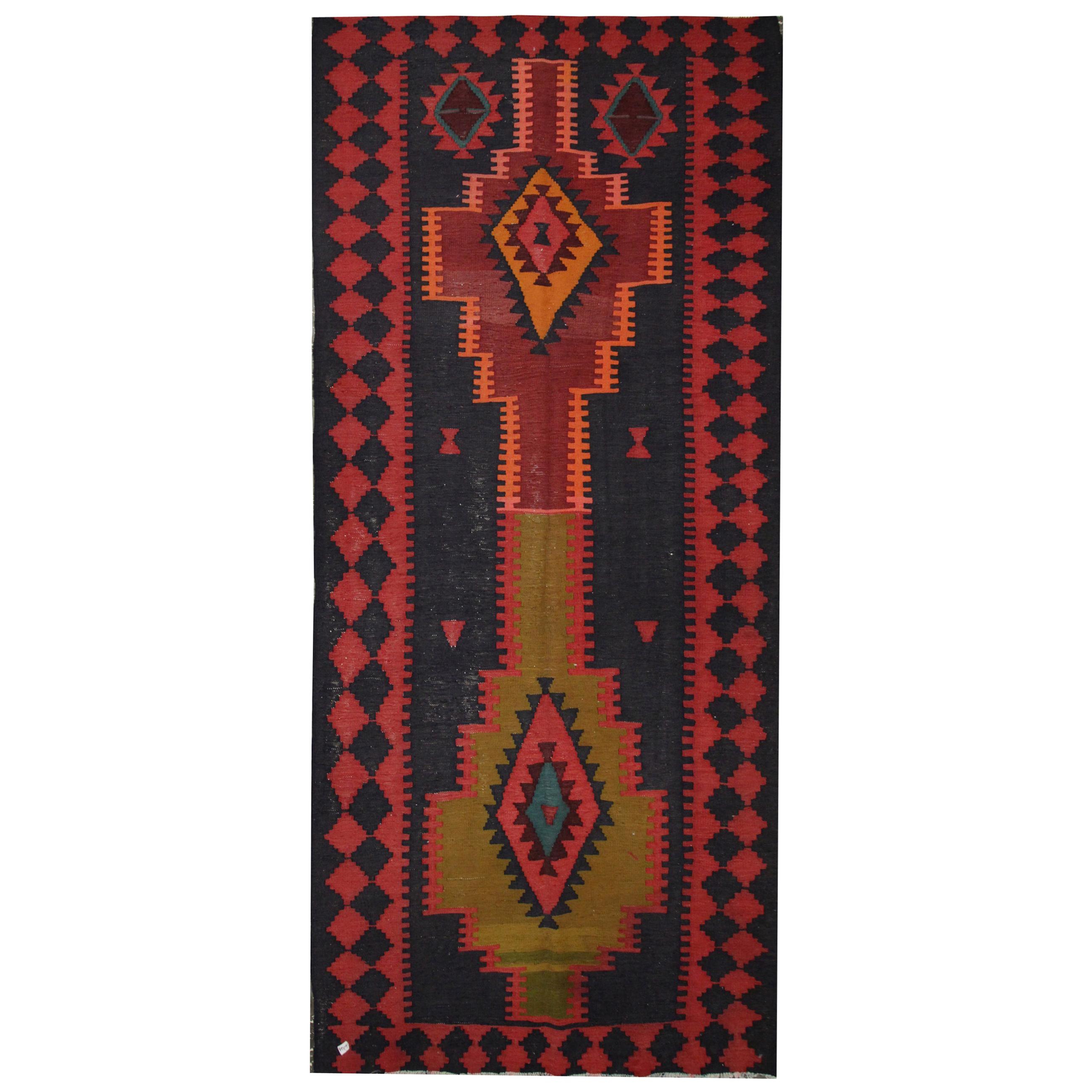 Geometric Runner Handmade Carpet Flatweave Kilim Rug, Traditional Tribal Kilims