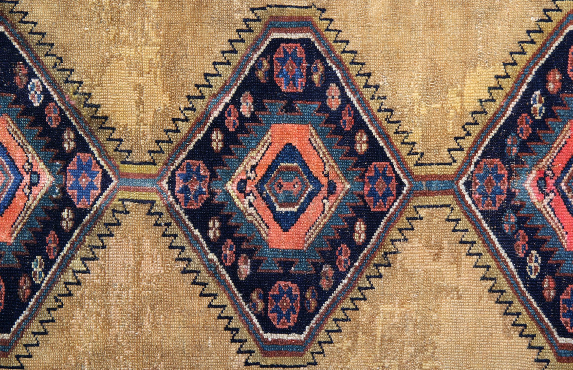 Caucasian Handmade Carpet Geometric Kazak Rug Oriental Cream Wool Area Rug For Sale