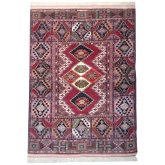 Handmade Carpet Red Blue Retro Geometric Rug, Oriental Wool Rug for Sale