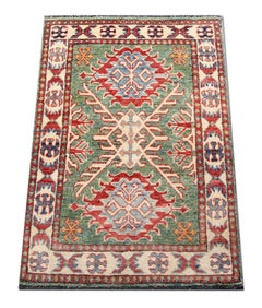 Handmade Carpet Green Geometric Rug, Living Room Rugs for Sale 68 x 100 cm