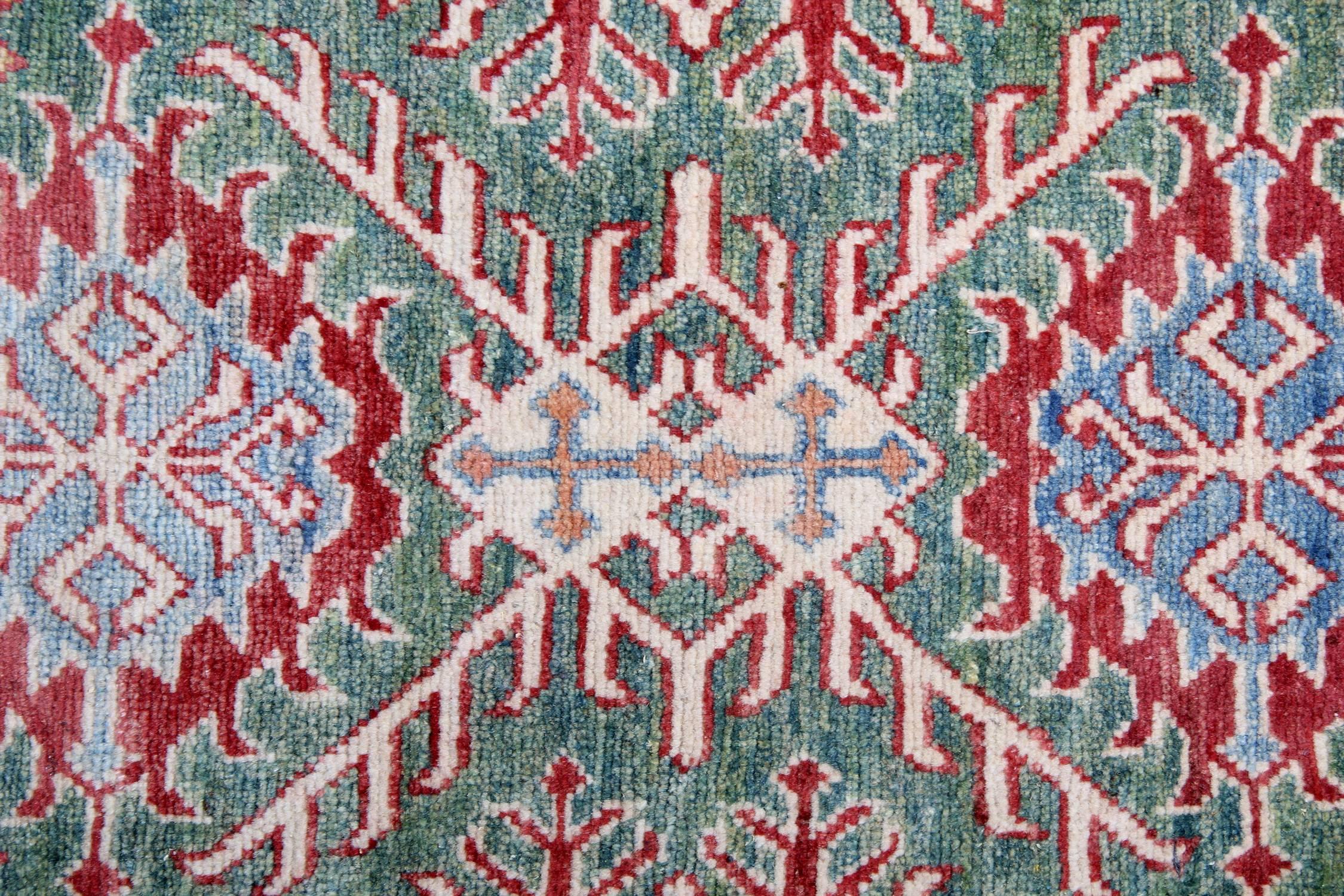 Kazak Handmade Carpet Green Geometric Rug, Living Room Rugs for Sale 68 x 100 cm For Sale