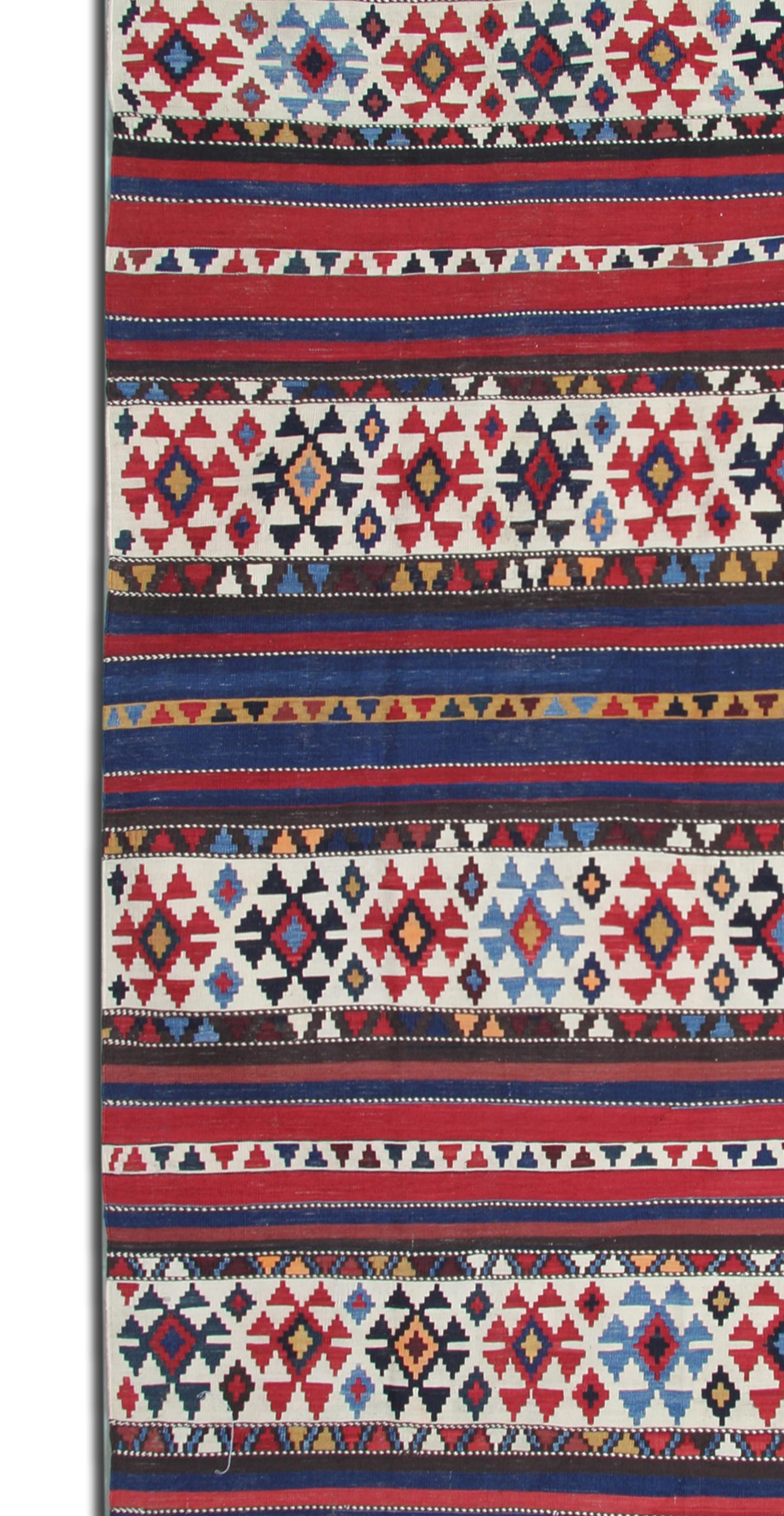 Azerbaijani Handmade Carpet Kilim Rug Traditional Striped Wool Vintage Area Rug For Sale