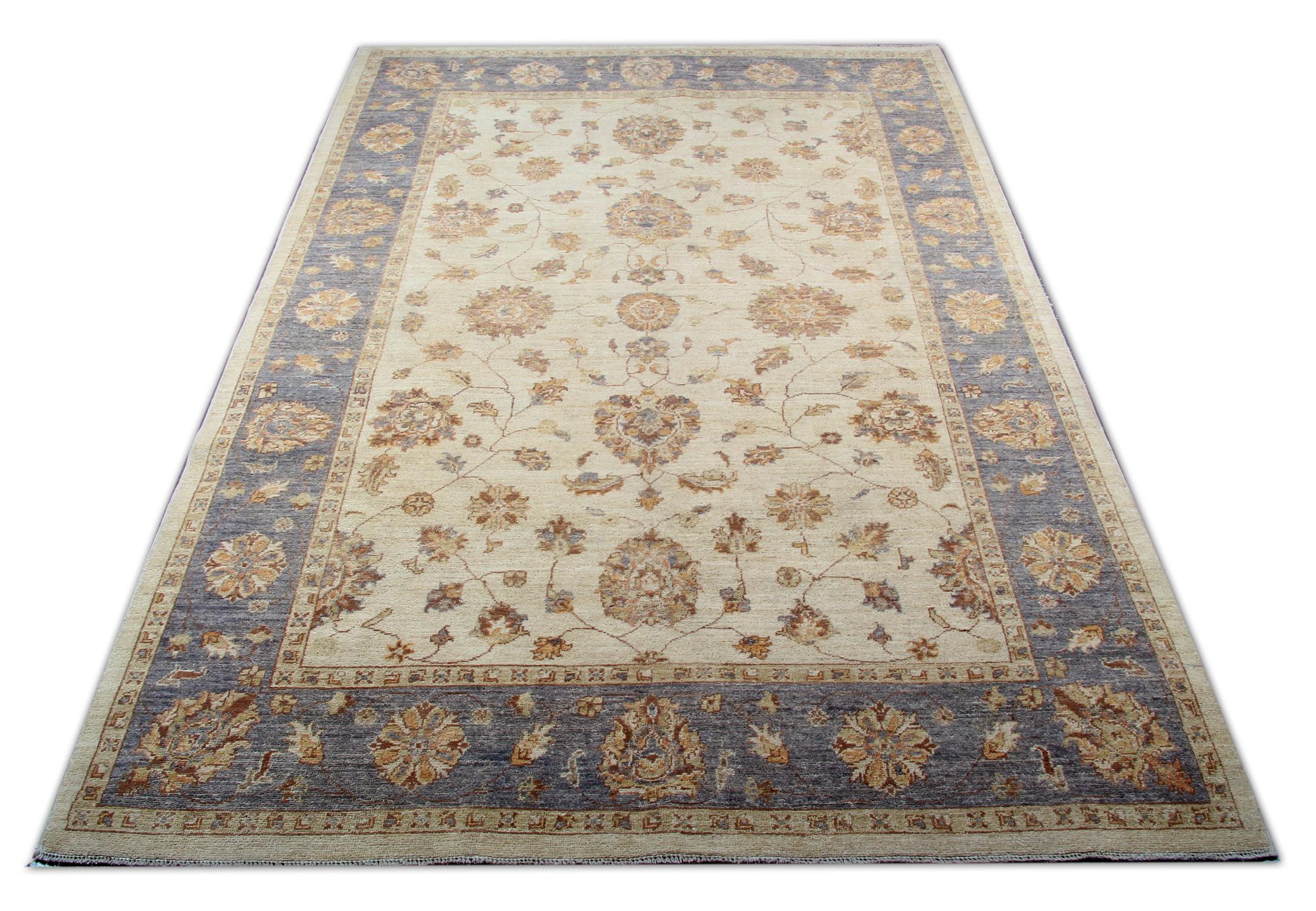 This traditional Ziegler rug is one of our more luxurious rugs made on looms by master weavers of Afghan rugs. This cream rug is made with or all handspun wool, with the colour coming from organic vegetable dyes. This carpet features an all-over